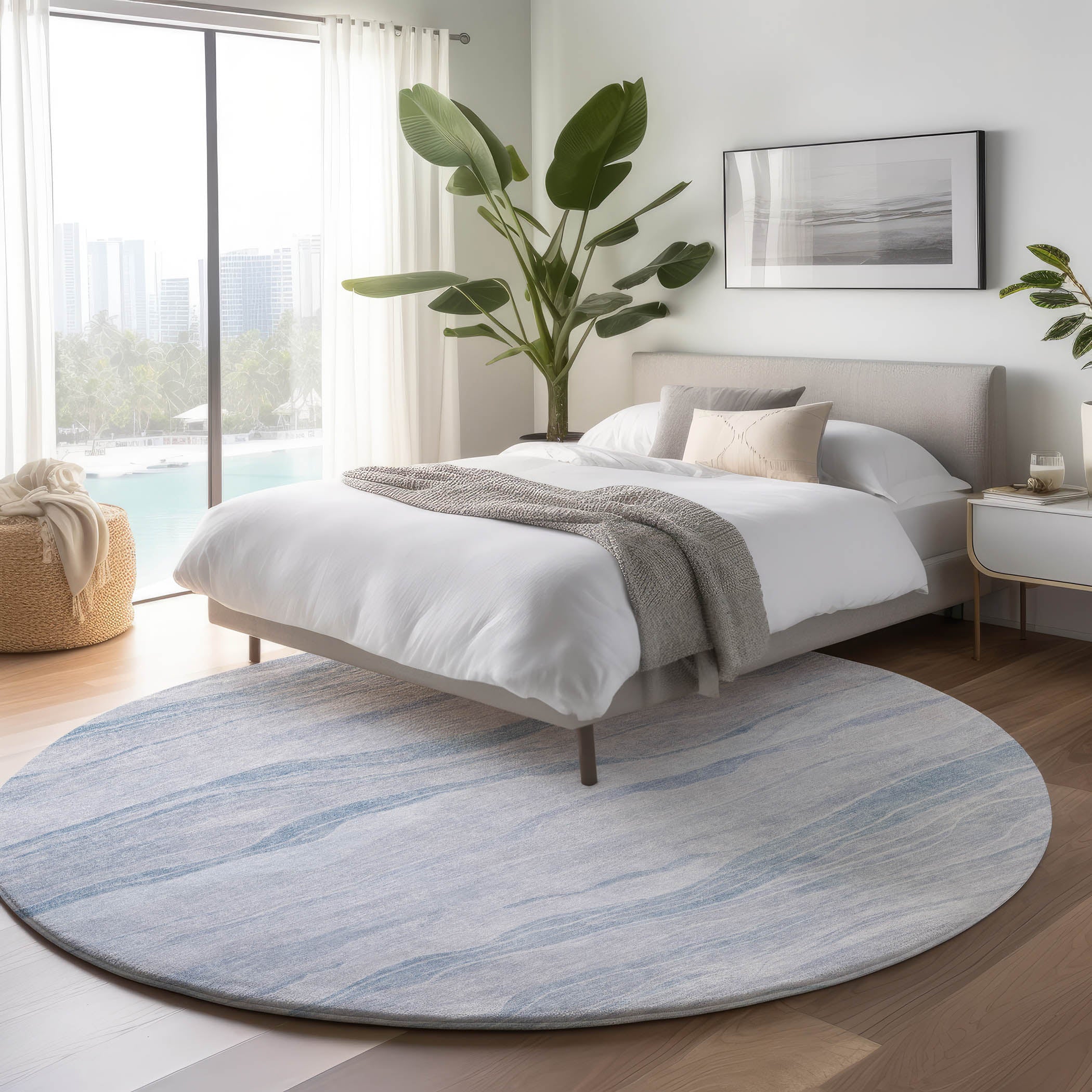 Luxury Machine Washable Indoor/Outdoor Transitional PA6 Sky Blue Rug 8' x 8' #shape_Round