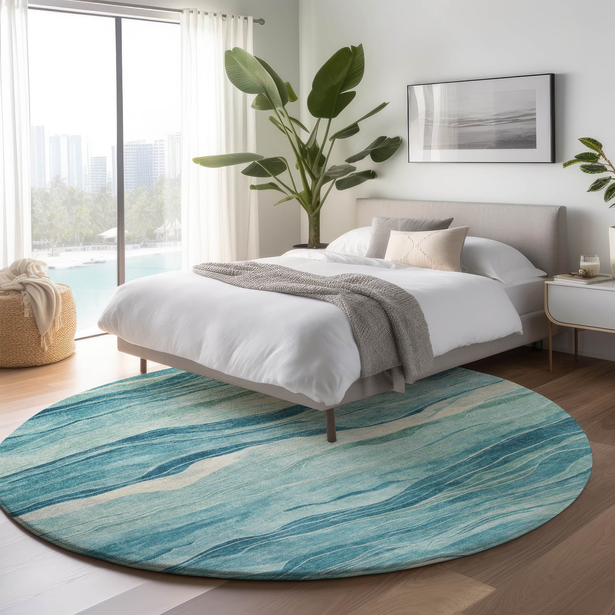 Luxury Machine Washable Indoor/Outdoor Transitional PA6 Turquoise Teal Rug 8' x 8' #shape_Round