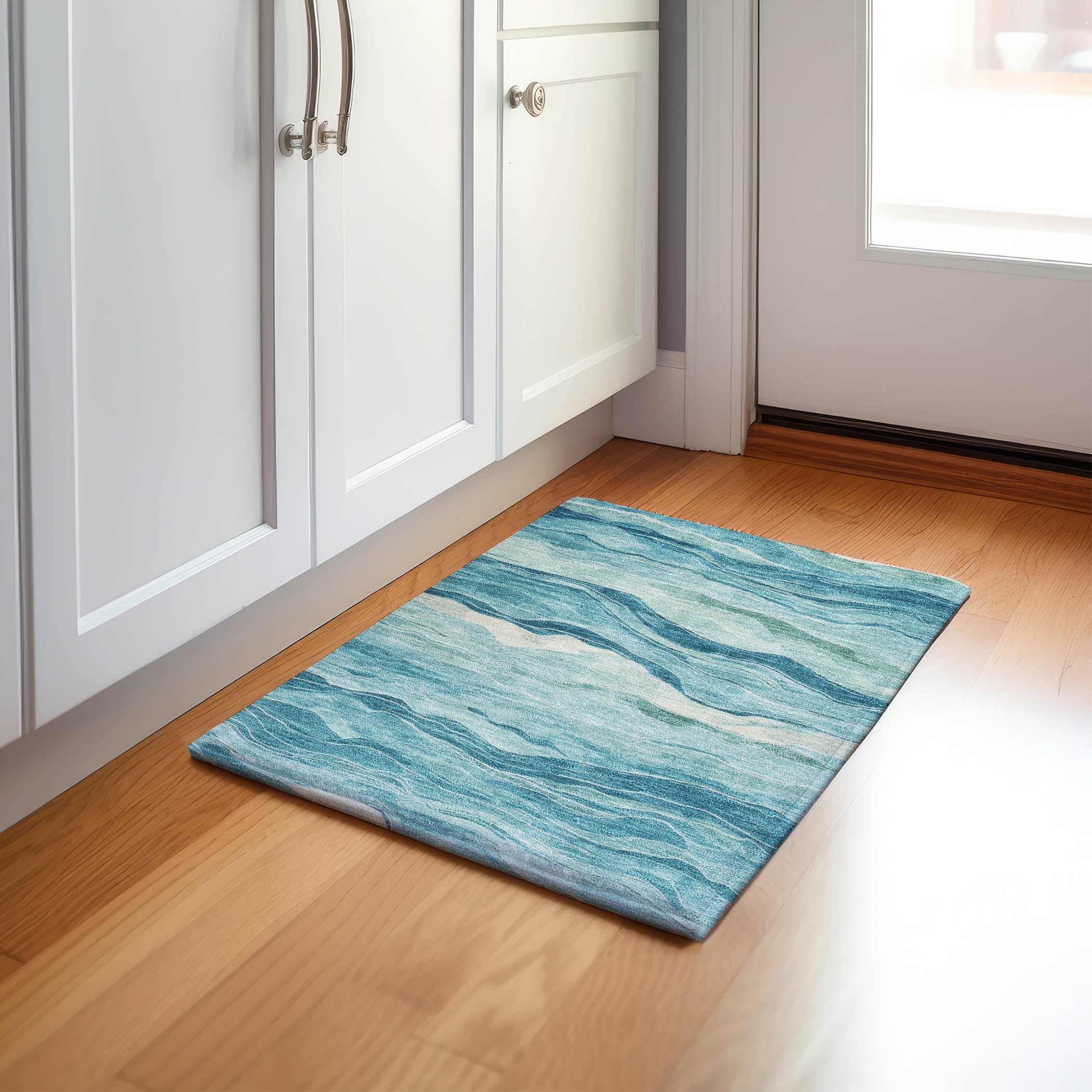 Luxury Machine Washable Indoor/Outdoor Transitional PA6 Turquoise Teal Rug 1'8" x 2'6" #shape_Rectangle