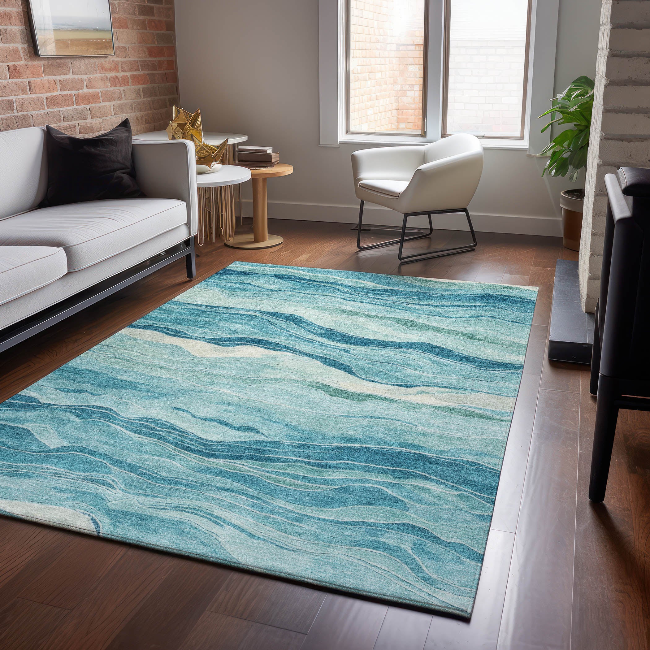 Luxury Machine Washable Indoor/Outdoor Transitional PA6 Turquoise Teal Rug 2'6" x 3'10" #shape_Rectangle