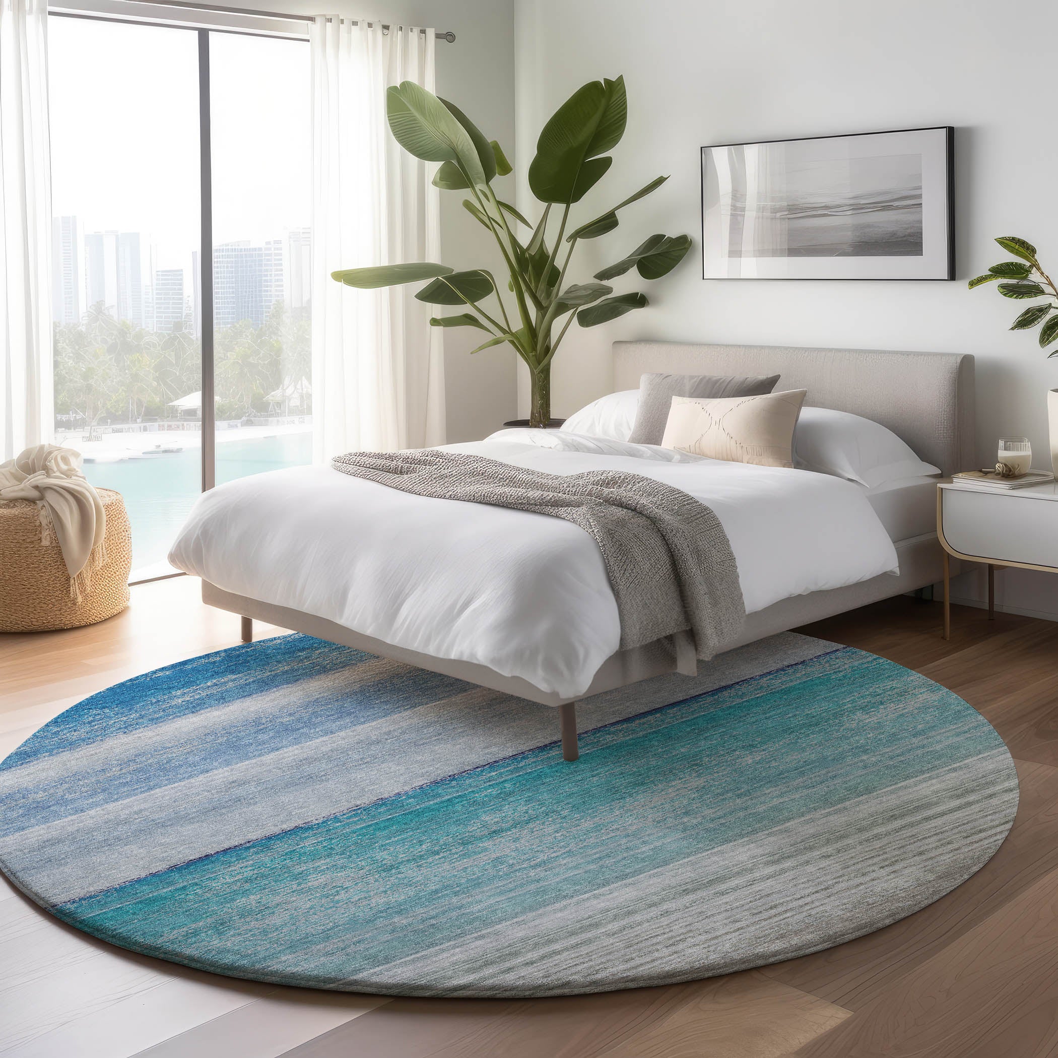 Luxury Machine Washable Indoor/Outdoor Transitional PA7 Sky Blue Rug 8' x 8' #shape_Round