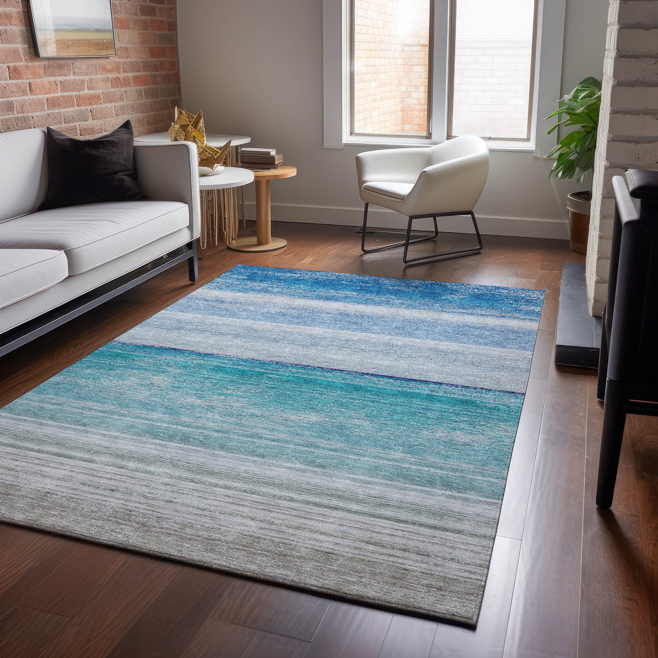 Luxury Machine Washable Indoor/Outdoor Transitional PA7 Sky Blue Rug 2'6" x 3'10" #shape_Rectangle