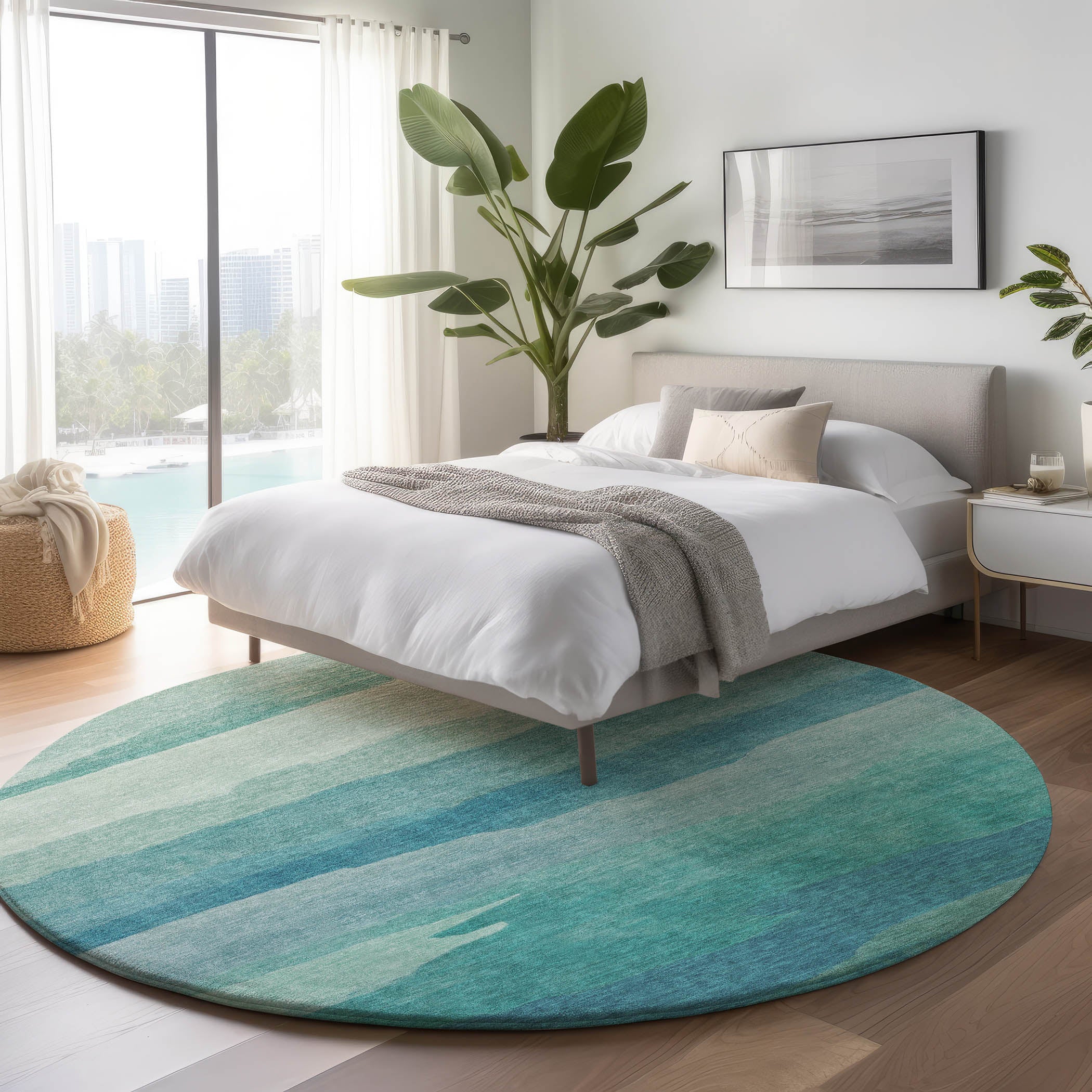 Luxury Machine Washable Indoor/Outdoor Transitional PA9 Turquoise Teal Rug 8' x 8' #shape_Round