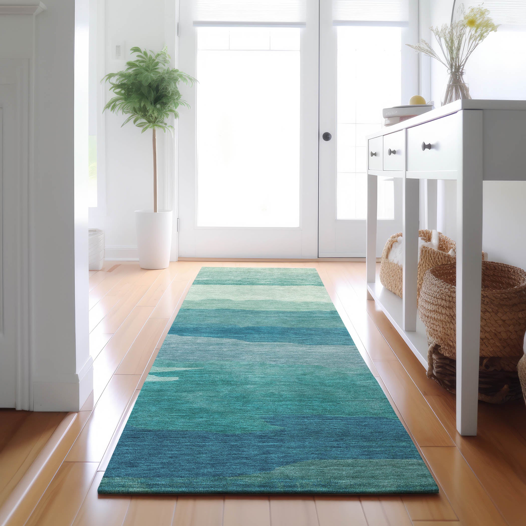 Luxury Machine Washable Indoor/Outdoor Transitional PA9 Turquoise Teal Rug 2'3" x 7'6" #shape_Runner