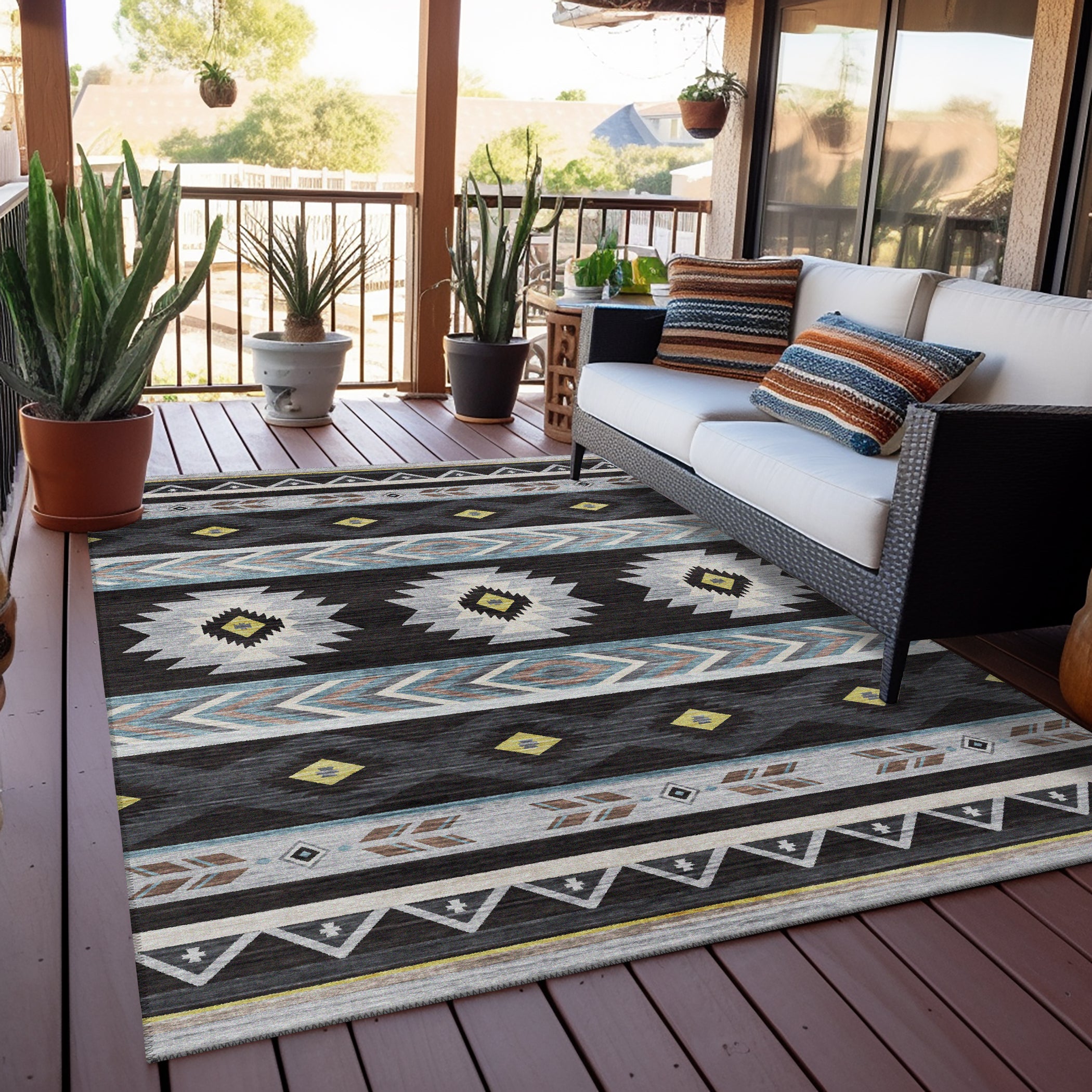 Luxury Machine Washable Indoor/Outdoor Southwestern PH3 Black Rug 3' x 5' #shape_Rectangle