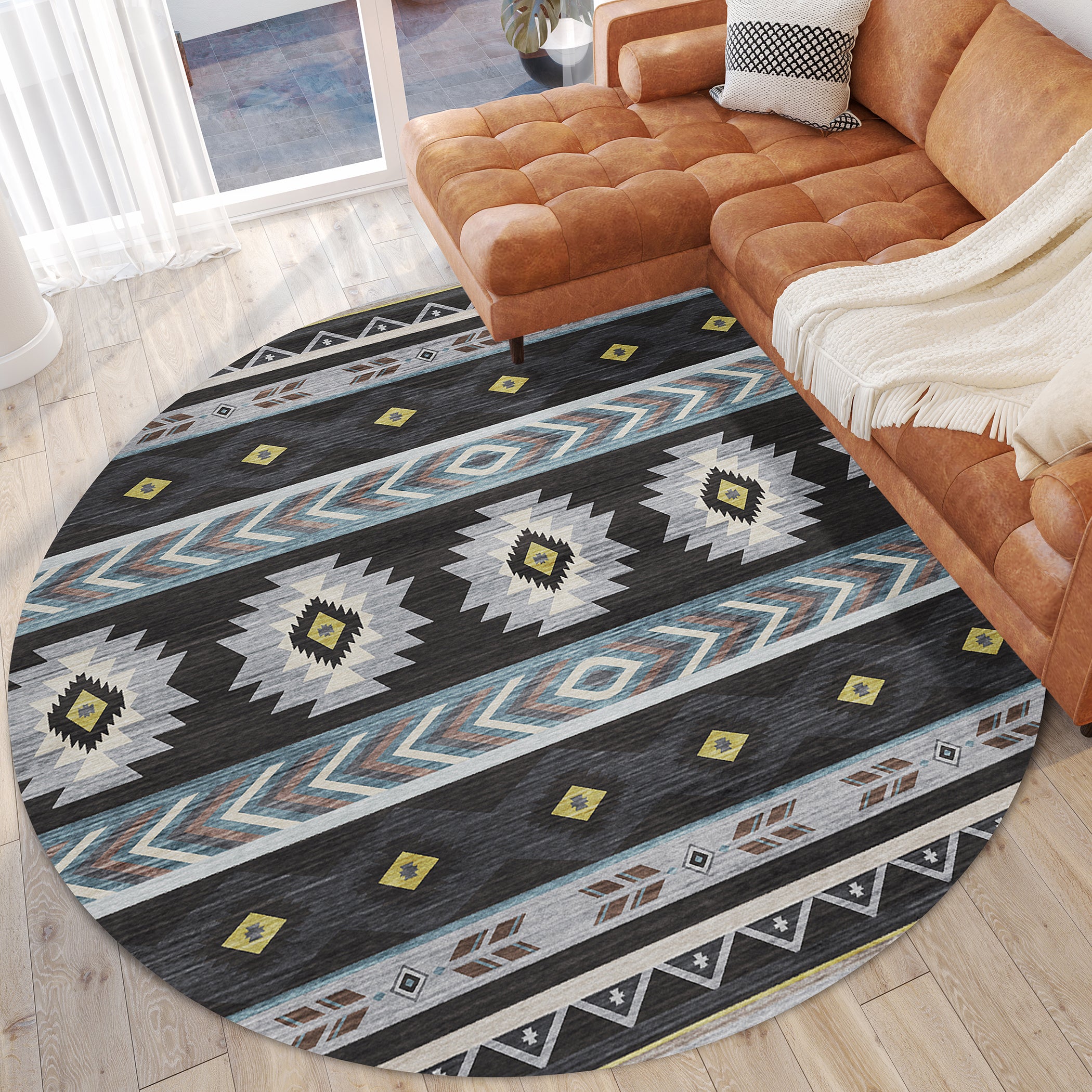 Luxury Machine Washable Indoor/Outdoor Southwestern PH3 Black Rug 8' x 8' #shape_Round