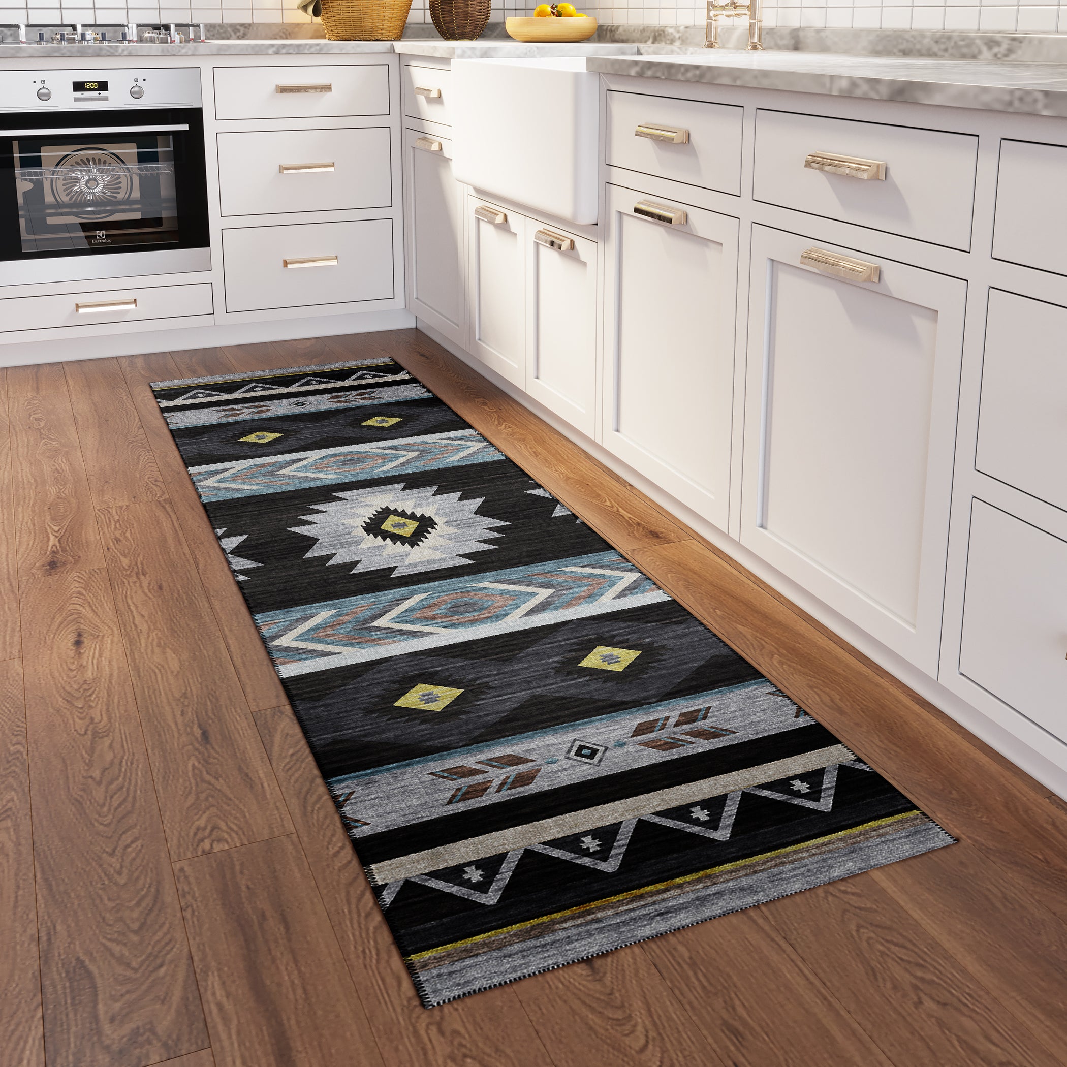 Luxury Machine Washable Indoor/Outdoor Southwestern PH3 Black Rug 2'3" x 7'6" #shape_Runner