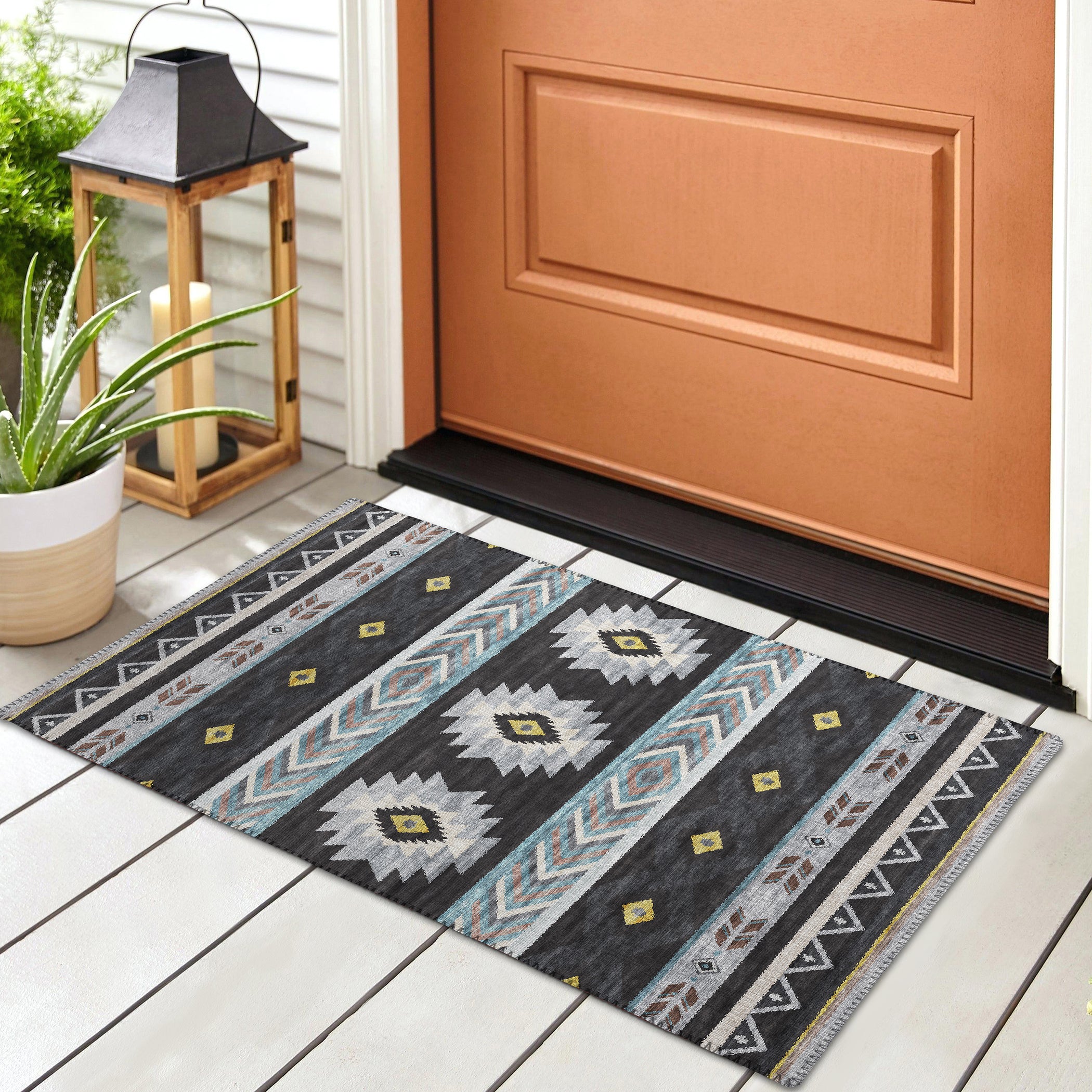 Luxury Machine Washable Indoor/Outdoor Southwestern PH3 Black Rug 1'8" x 2'6" #shape_Rectangle
