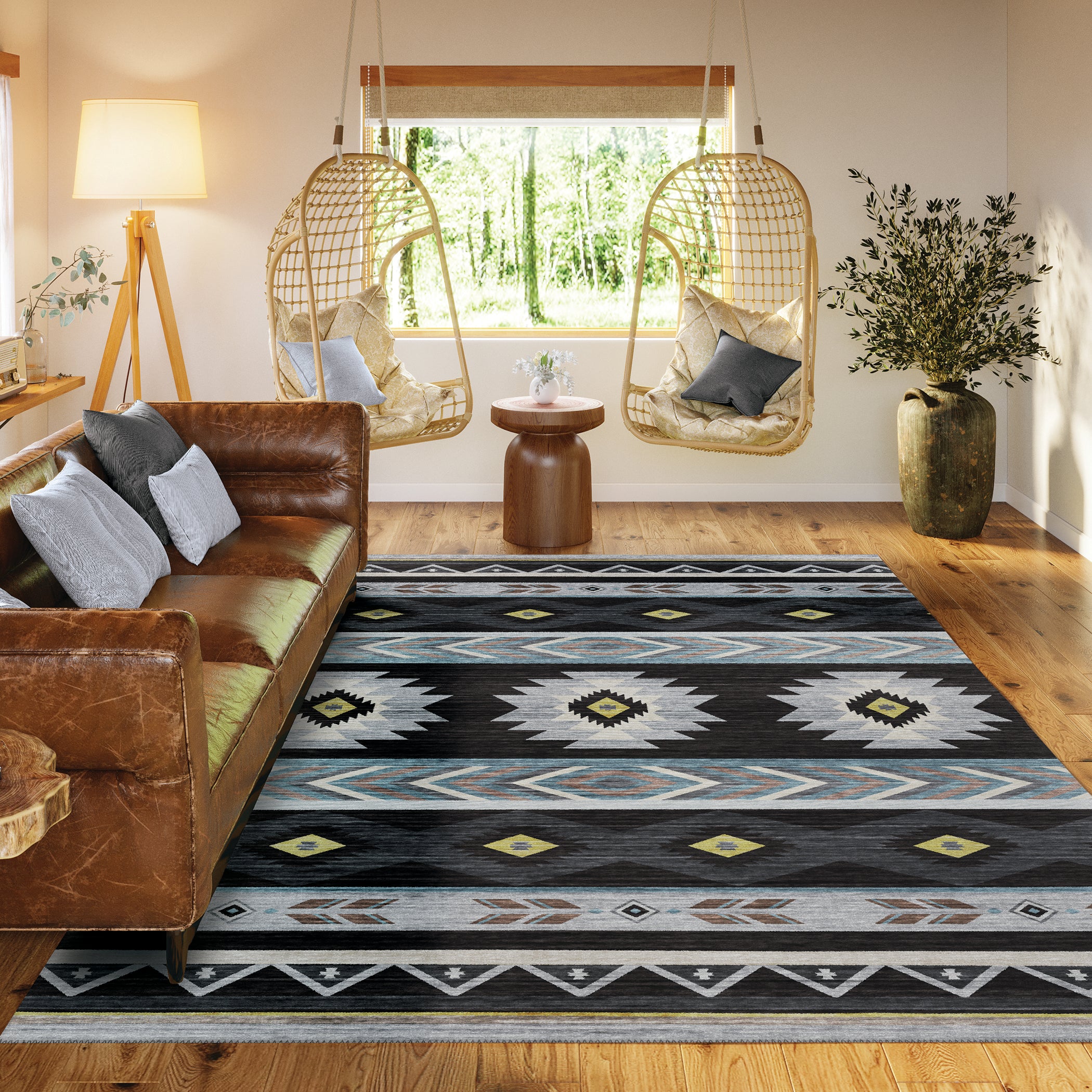 Luxury Machine Washable Indoor/Outdoor Southwestern PH3 Black Rug 1'8" x 2'6" #shape_Rectangle