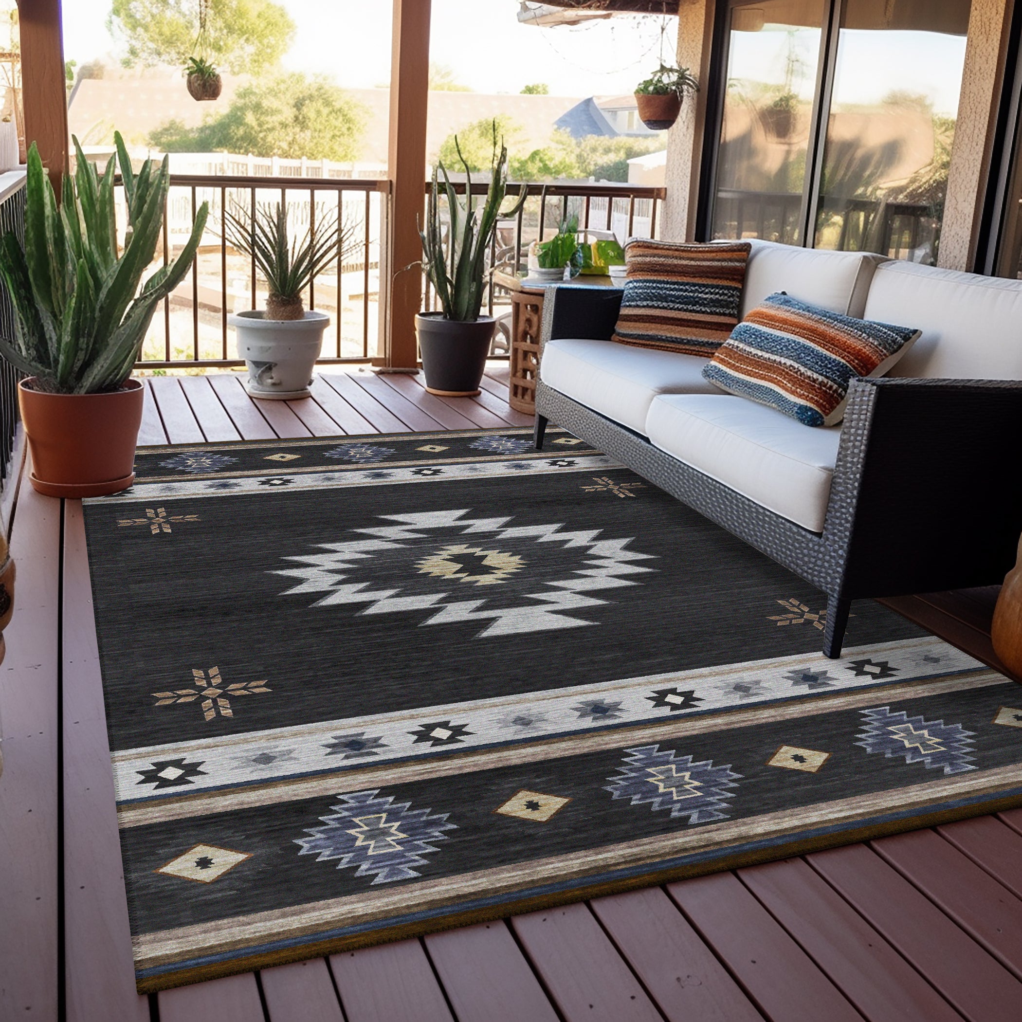 Luxury Machine Washable Indoor/Outdoor Southwestern PH4 Black Rug 3' x 5' #shape_Rectangle