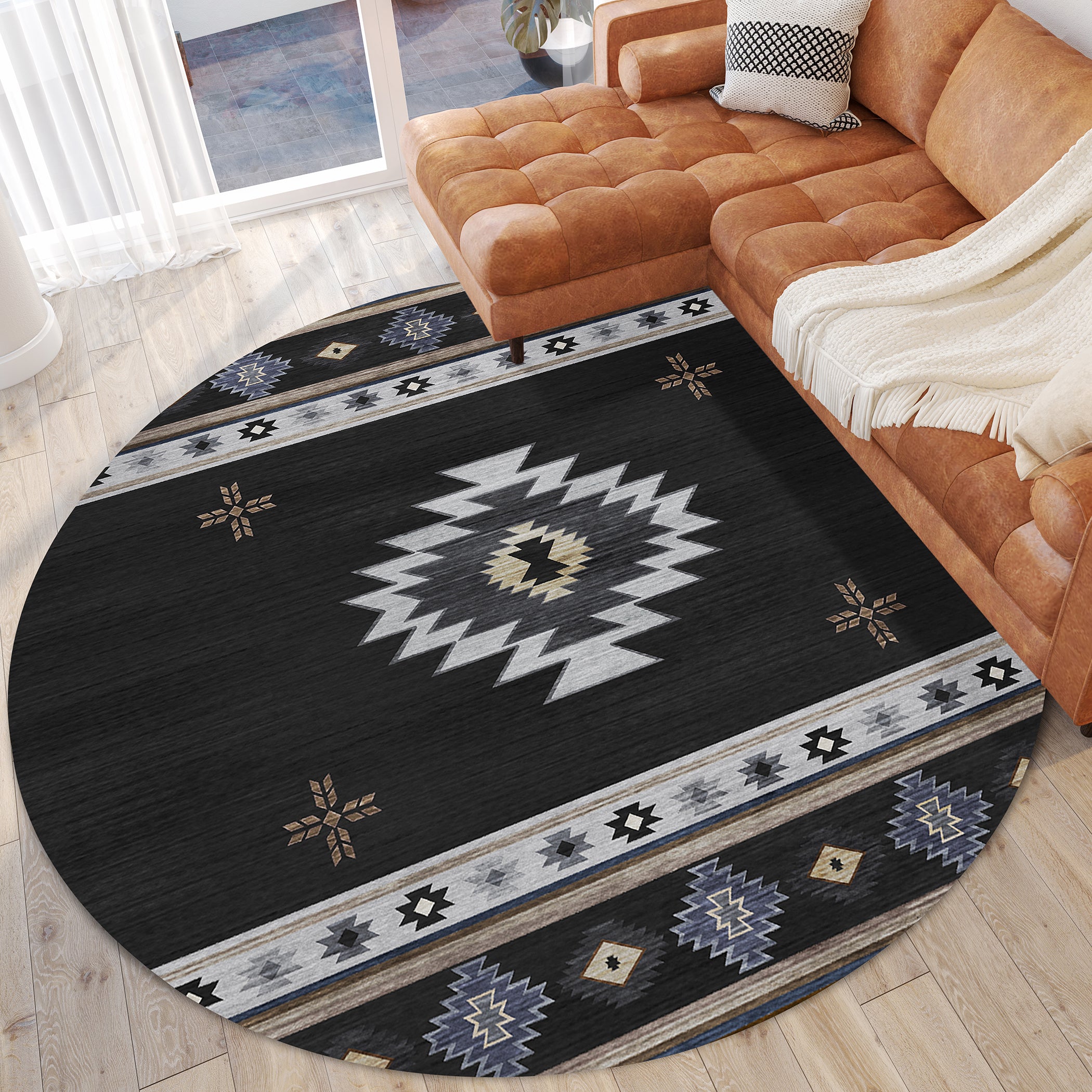 Luxury Machine Washable Indoor/Outdoor Southwestern PH4 Black Rug 8' x 8' #shape_Round