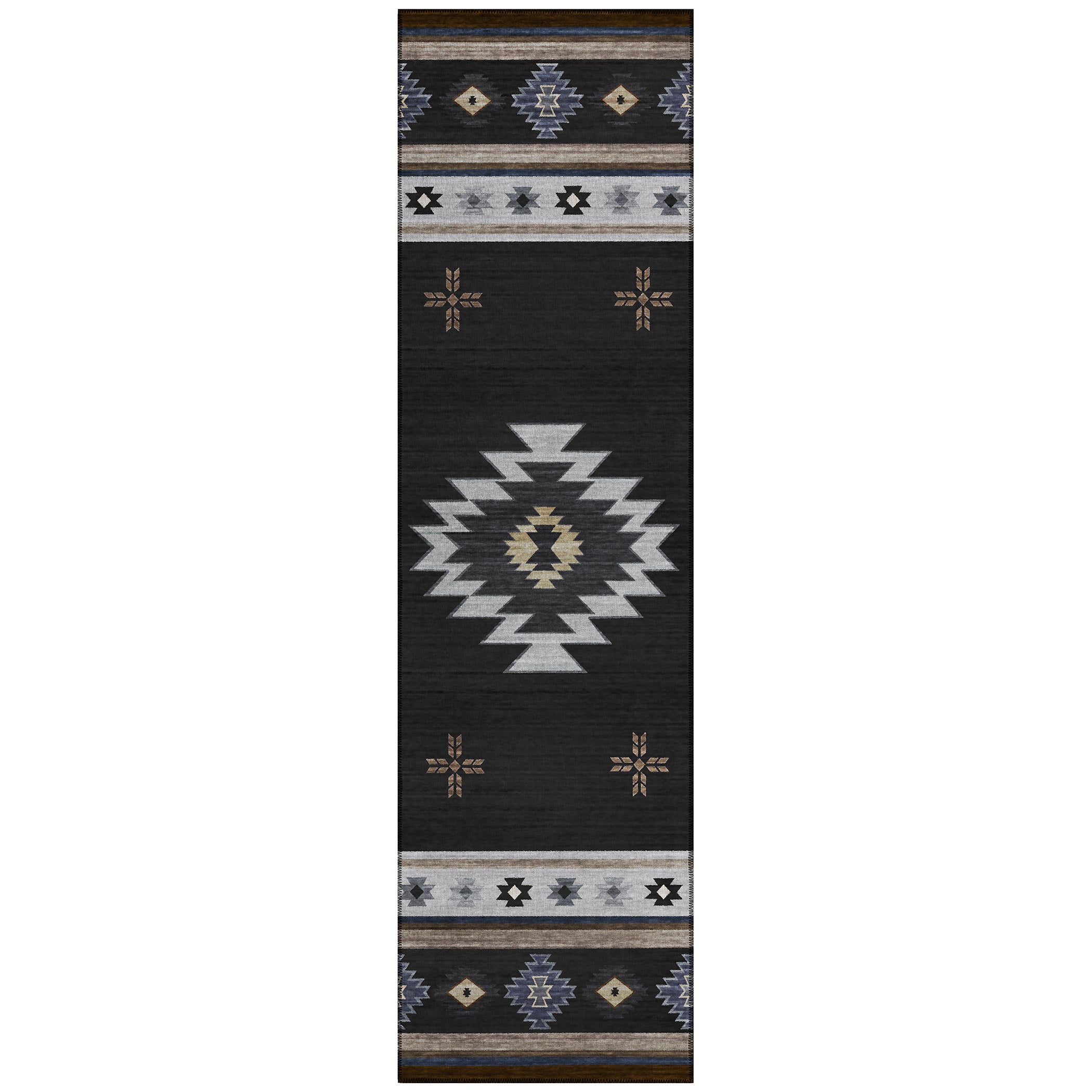 Luxury Machine Washable Indoor/Outdoor Southwestern PH4 Black Rug 2'3" x 7'6" #shape_Runner