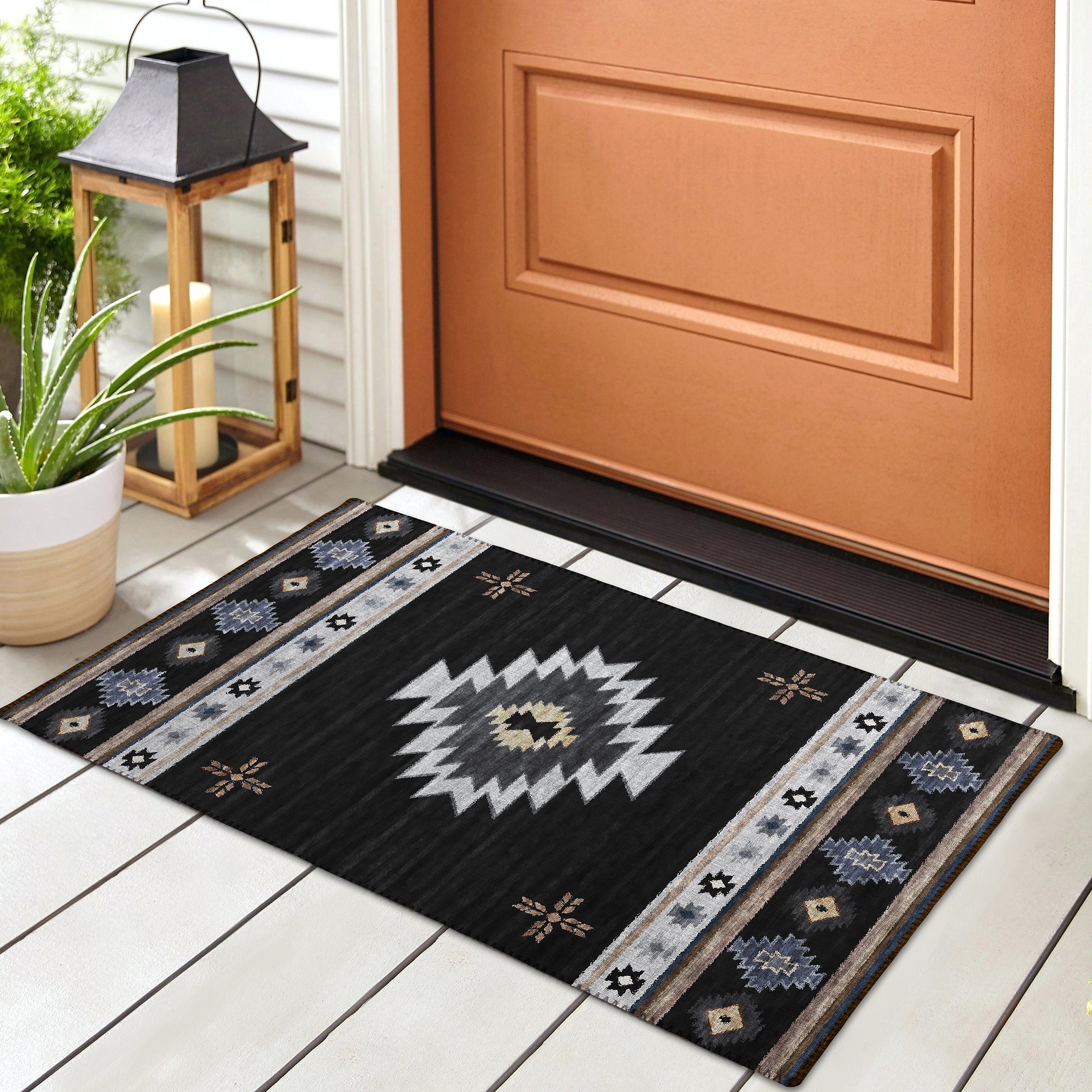 Luxury Machine Washable Indoor/Outdoor Southwestern PH4 Black Rug 1'8" x 2'6" #shape_Rectangle