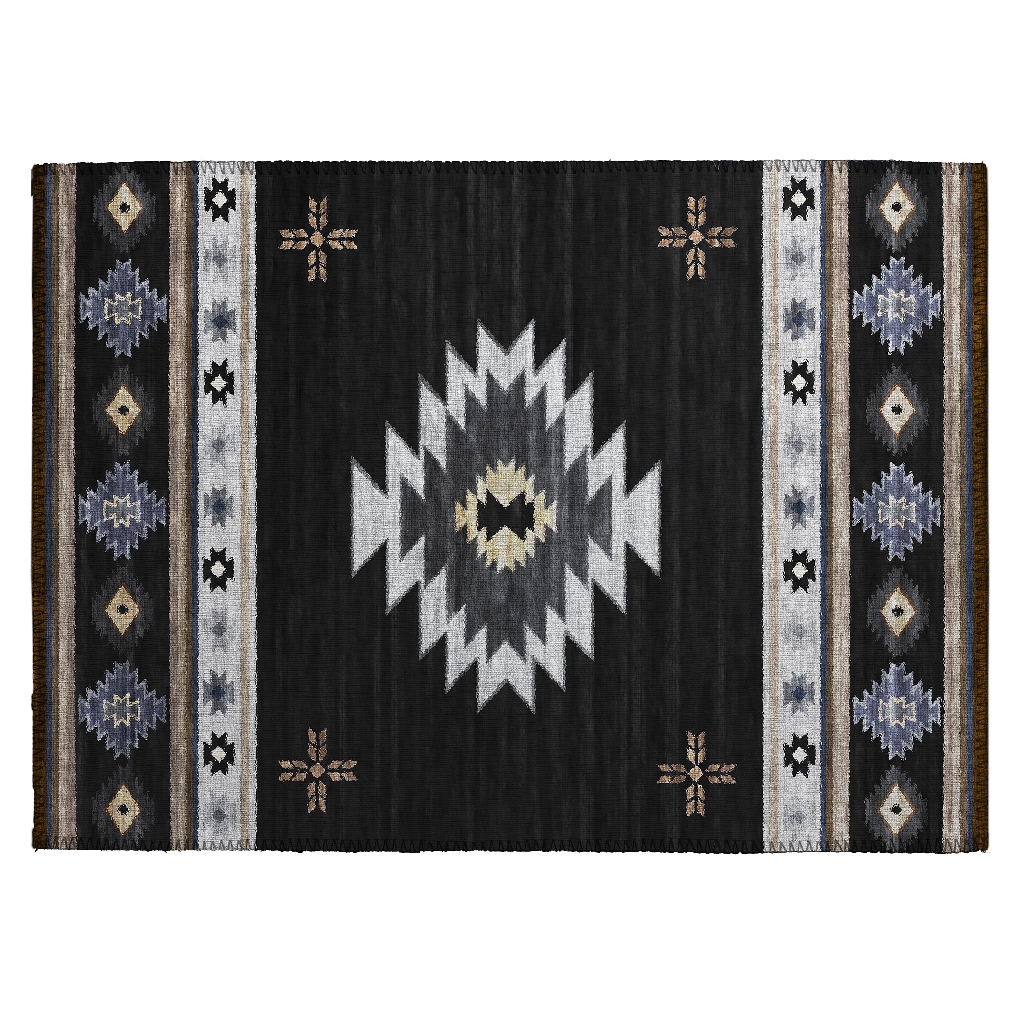 Luxury Machine Washable Indoor/Outdoor Southwestern PH4 Black Rug 1'8" x 2'6" #shape_Rectangle