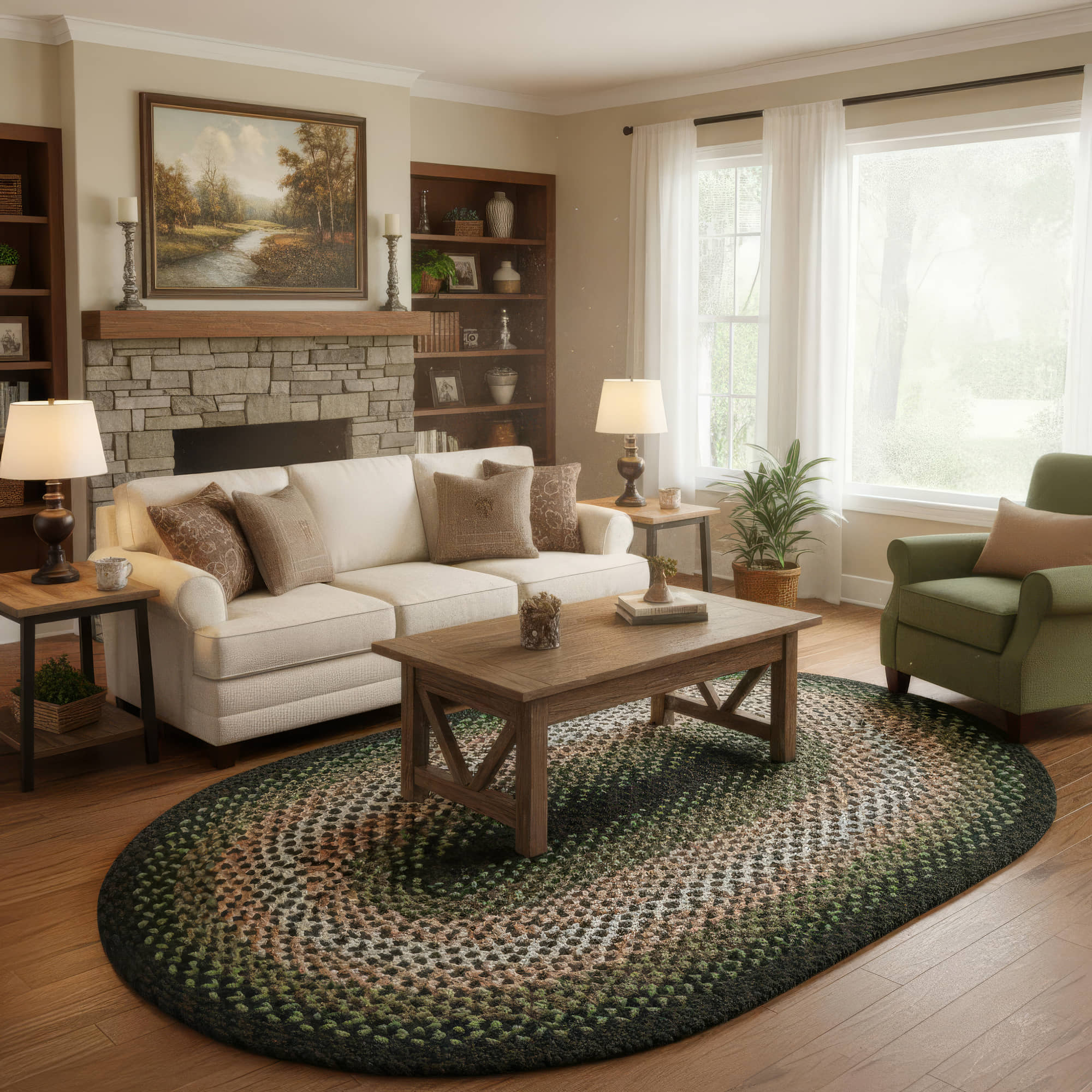 Green Charming Braided Rug for Farmhouse Living Rooms and Bedroom