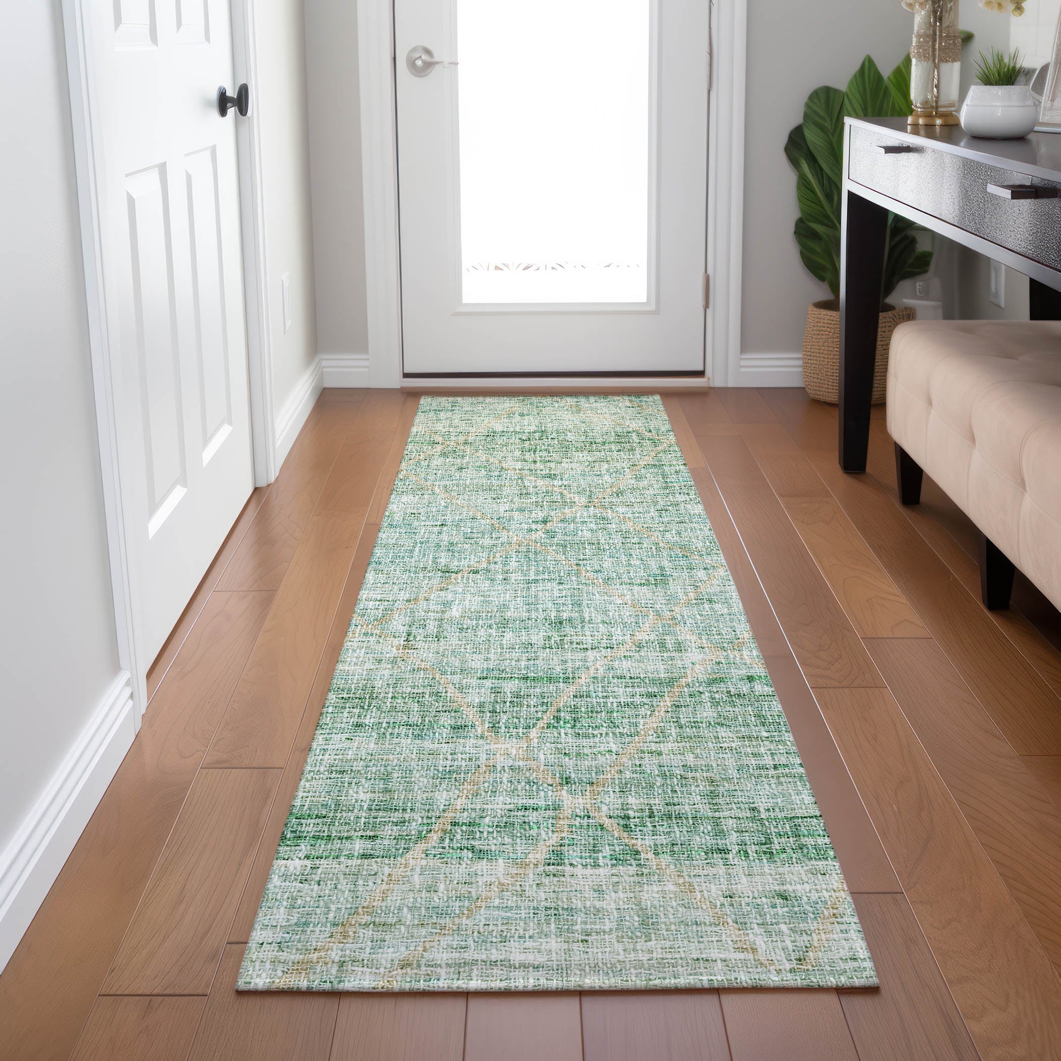 Luxury Washable Indoor/Outdoor Transitional PO1 Aloe Green Rug 2'3" x 7'6" #shape_Runner