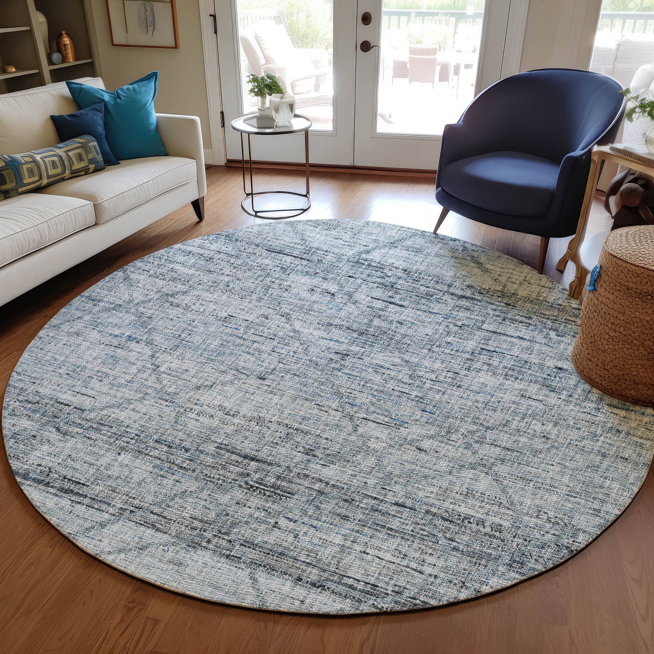Luxury Washable Indoor/Outdoor Transitional PO1 Blue Rug 8' x 8' #shape_Rectangle