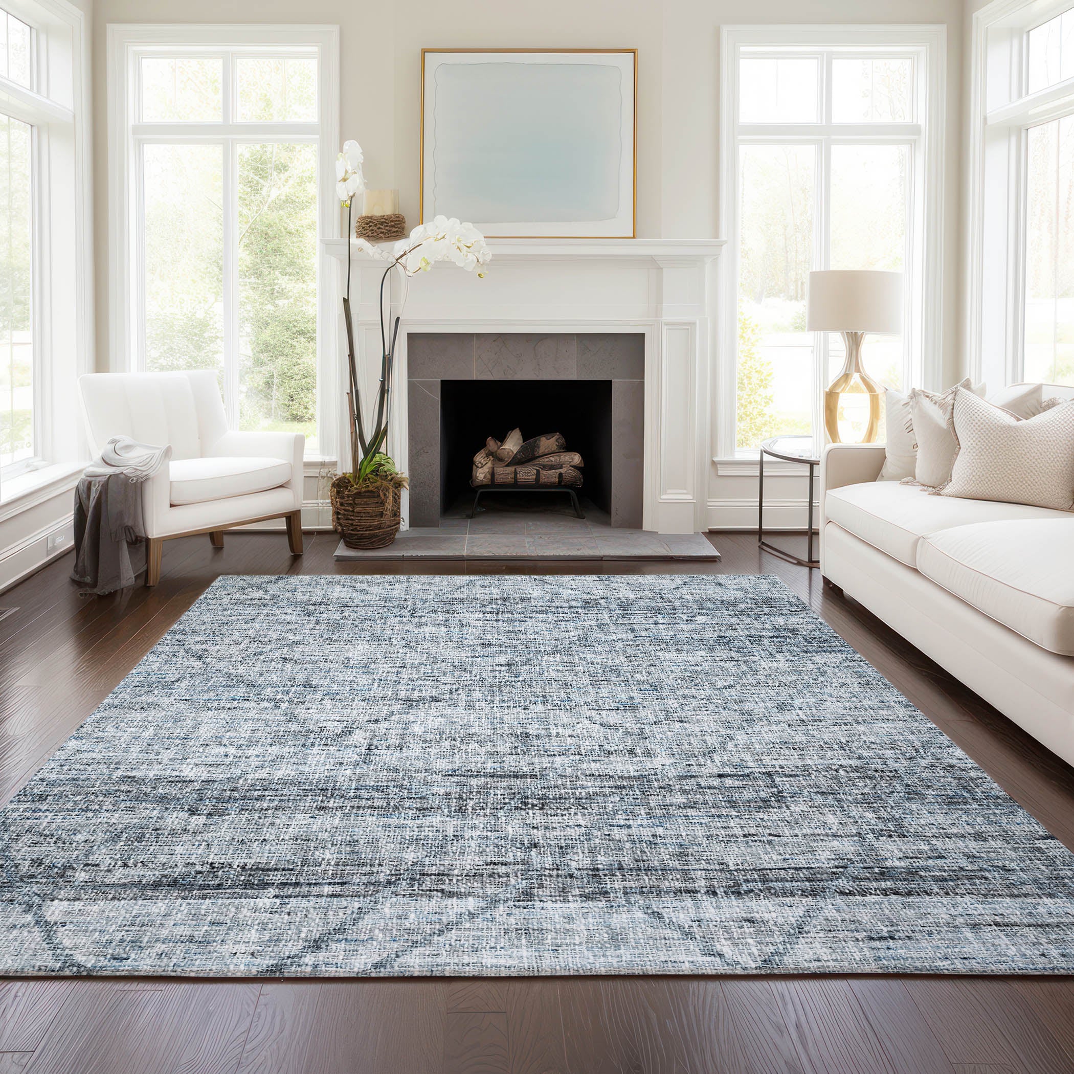 Luxury Washable Indoor/Outdoor Transitional PO1 Blue Rug 2'6" x 3'10" #shape_Rectangle