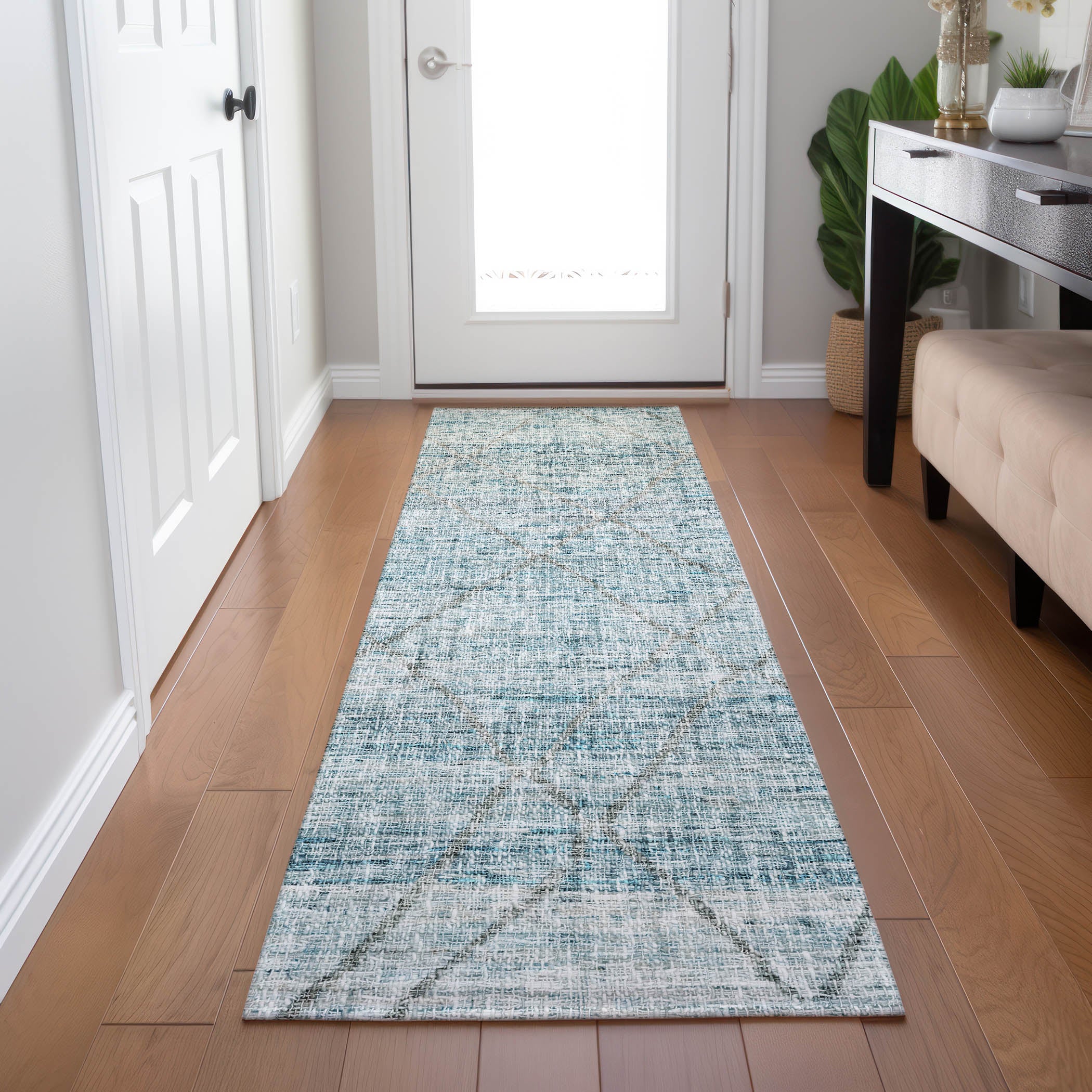Luxury Washable Indoor/Outdoor Transitional PO1 Teal Rug 2'3" x 7'6" #shape_Runner