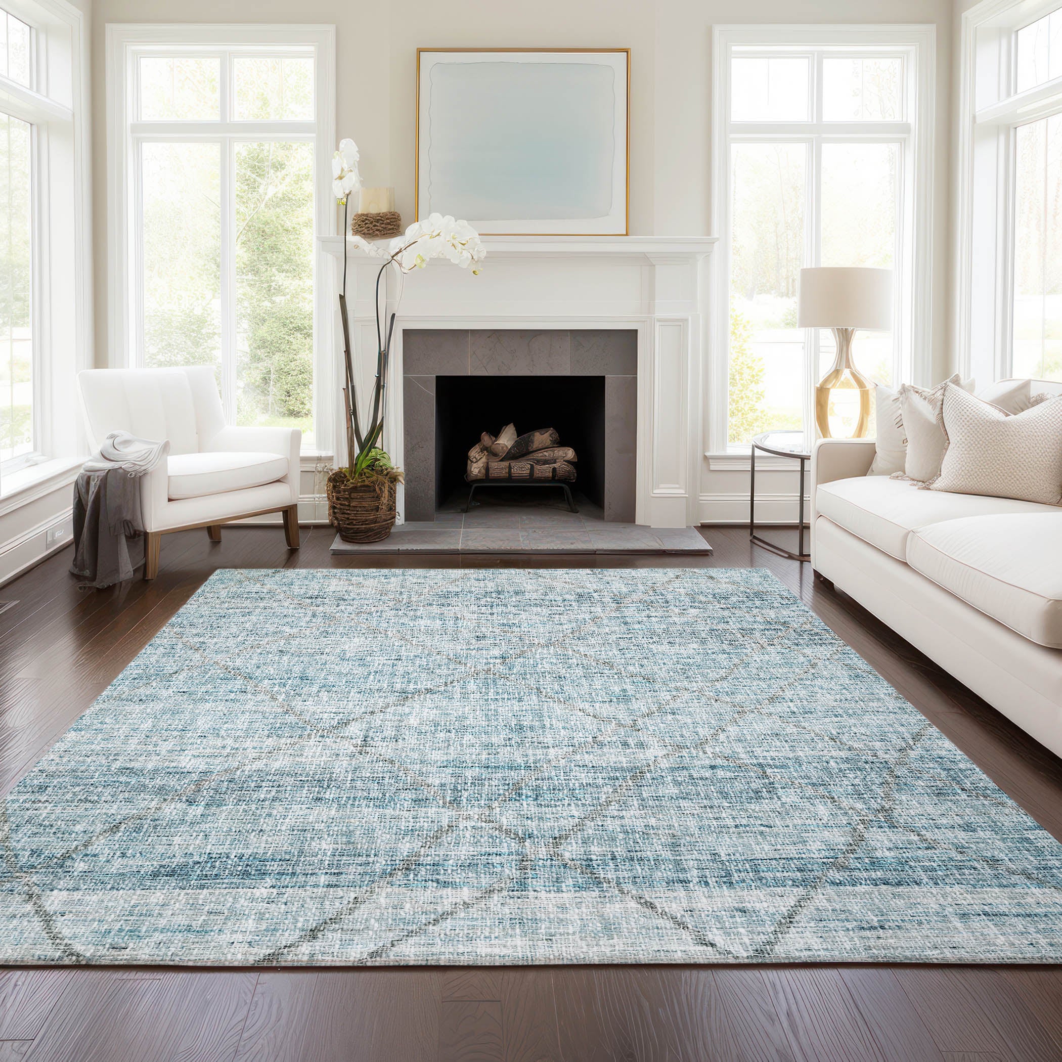 Luxury Washable Indoor/Outdoor Transitional PO1 Teal Rug 2'6" x 3'10" #shape_Rectangle