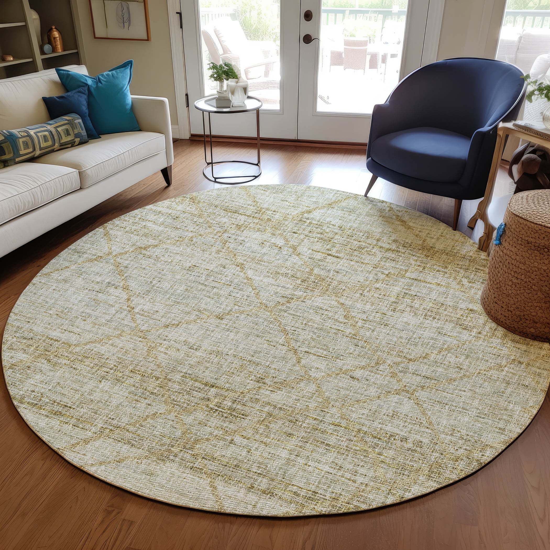 Luxury Washable Indoor/Outdoor Transitional PO1 Wheat Gold Rug 8' x 8' #shape_Rectangle
