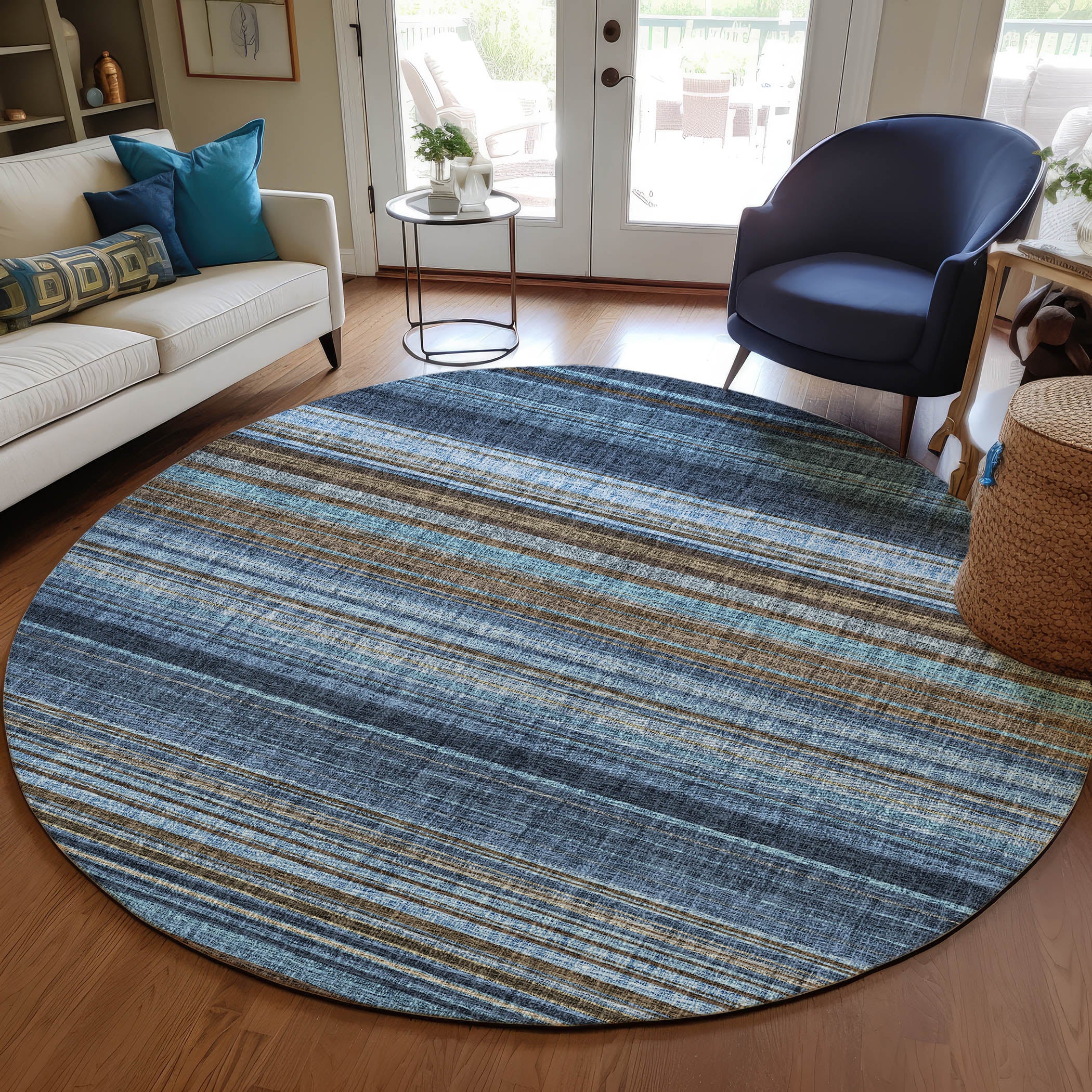 Luxury Washable Indoor/Outdoor Transitional PO2 Navy Blue Rug 8' x 8' #shape_Rectangle