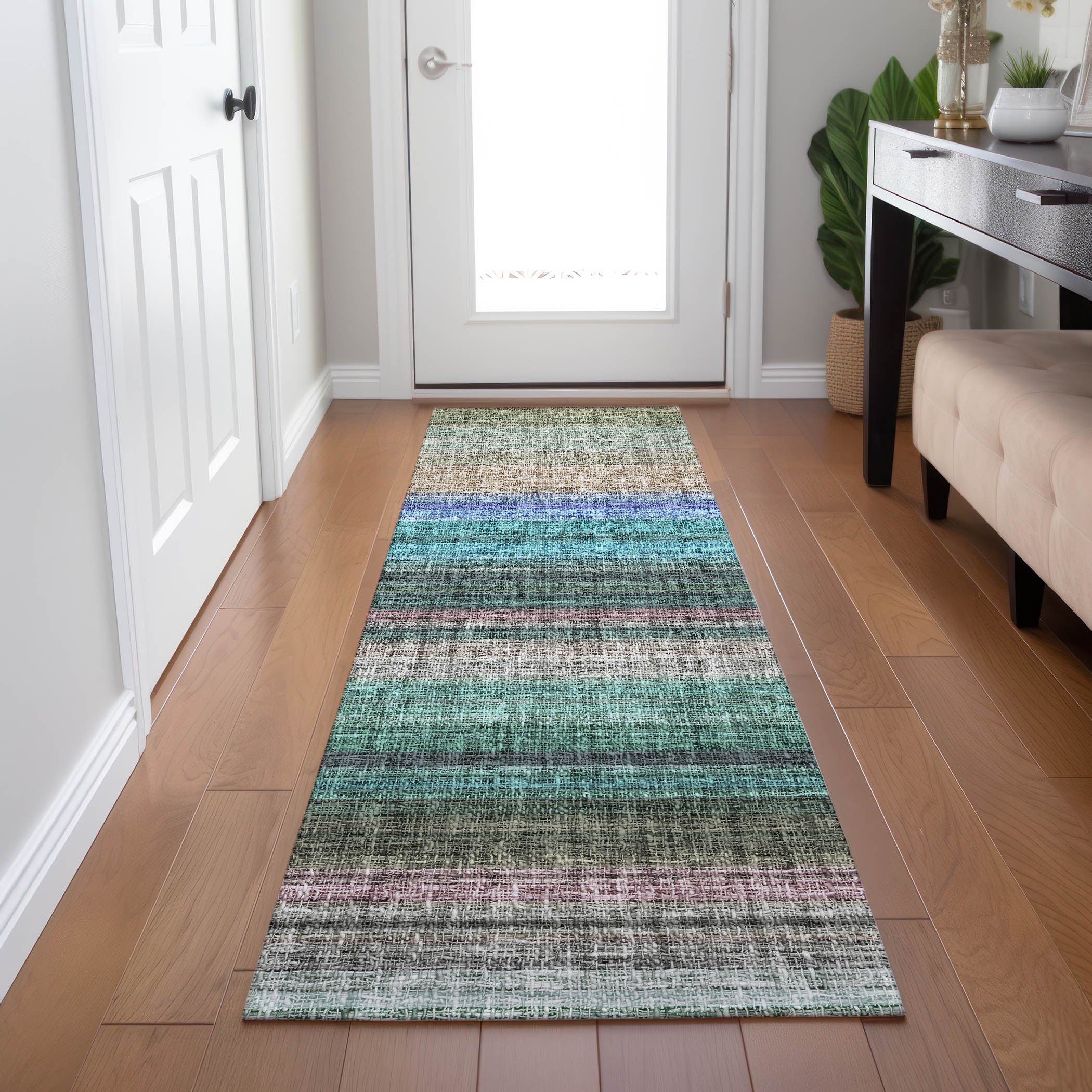 Luxury Washable Indoor/Outdoor Transitional PO2 Sage Green Rug 2'3" x 7'6" #shape_Runner
