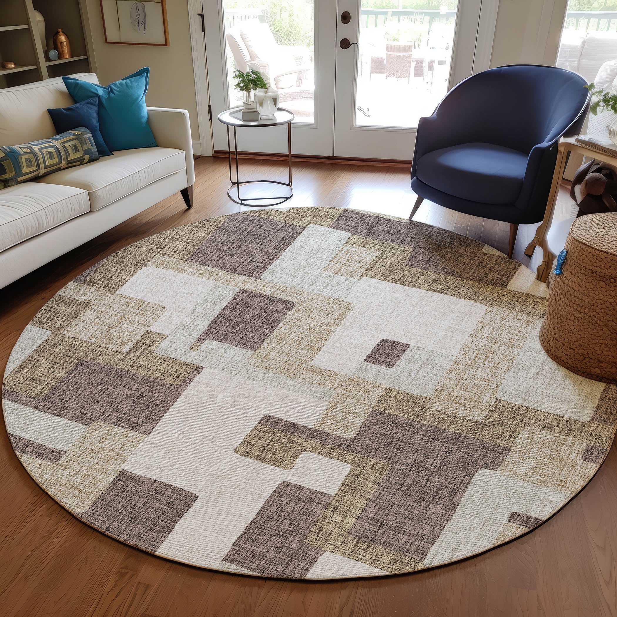 Luxury Washable Indoor/Outdoor Transitional PO3 Brown Rug 8' x 8' #shape_Rectangle