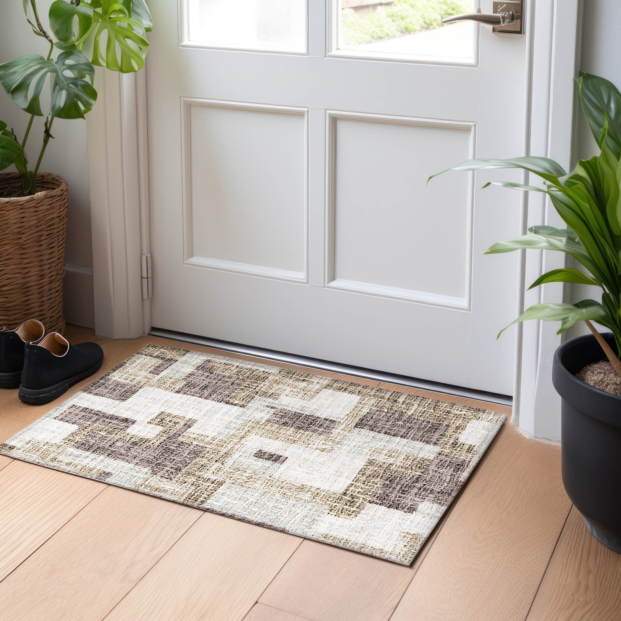 Luxury Washable Indoor/Outdoor Transitional PO3 Brown Rug 1'8" x 2'6" #shape_Rectangle