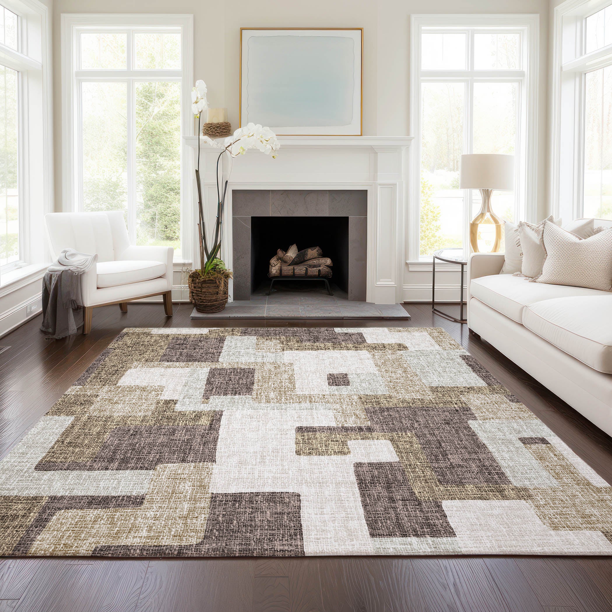 Luxury Washable Indoor/Outdoor Transitional PO3 Brown Rug 2'6" x 3'10" #shape_Rectangle