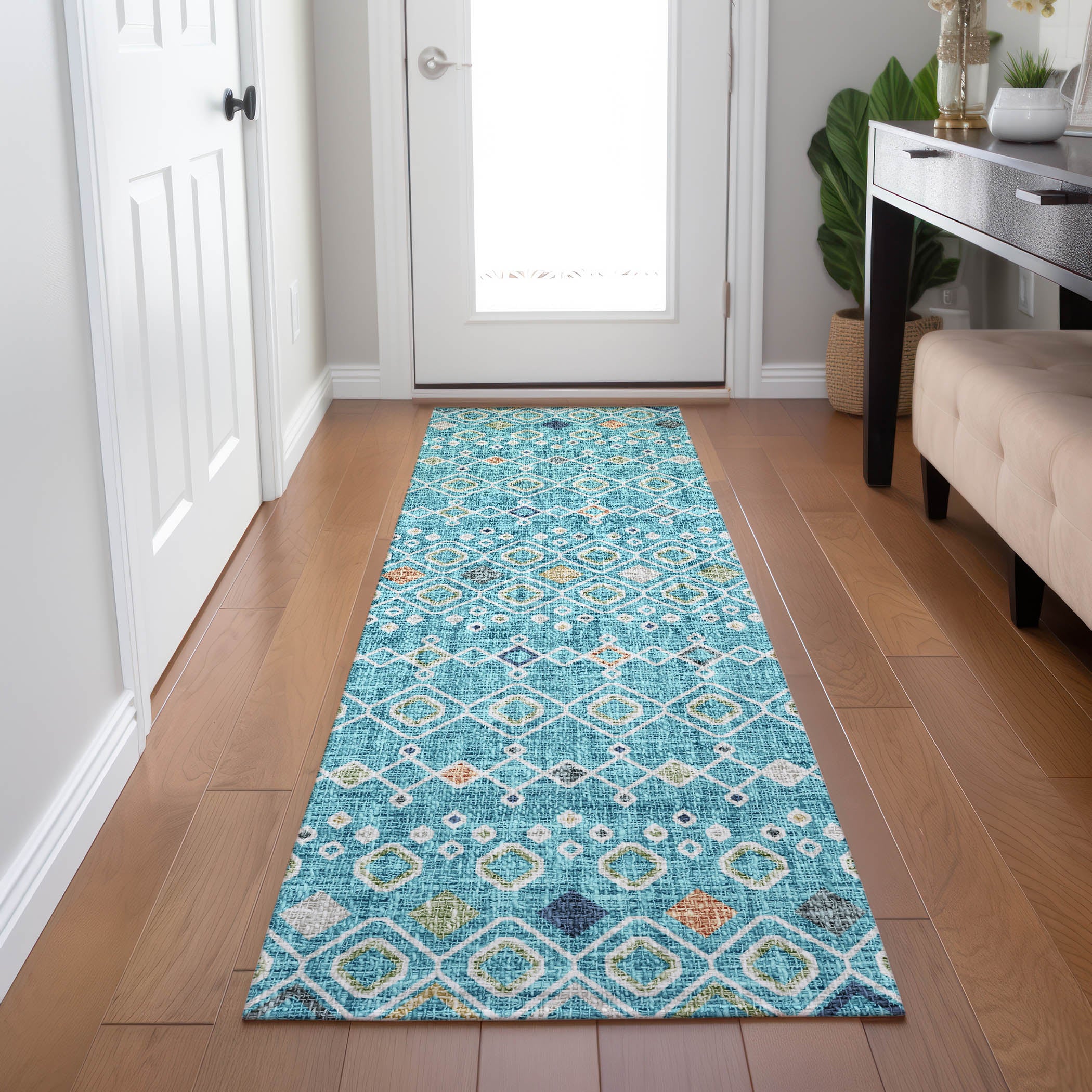Luxury Washable Indoor/Outdoor Transitional PO4 Teal Rug 2'3" x 7'6" #shape_Runner