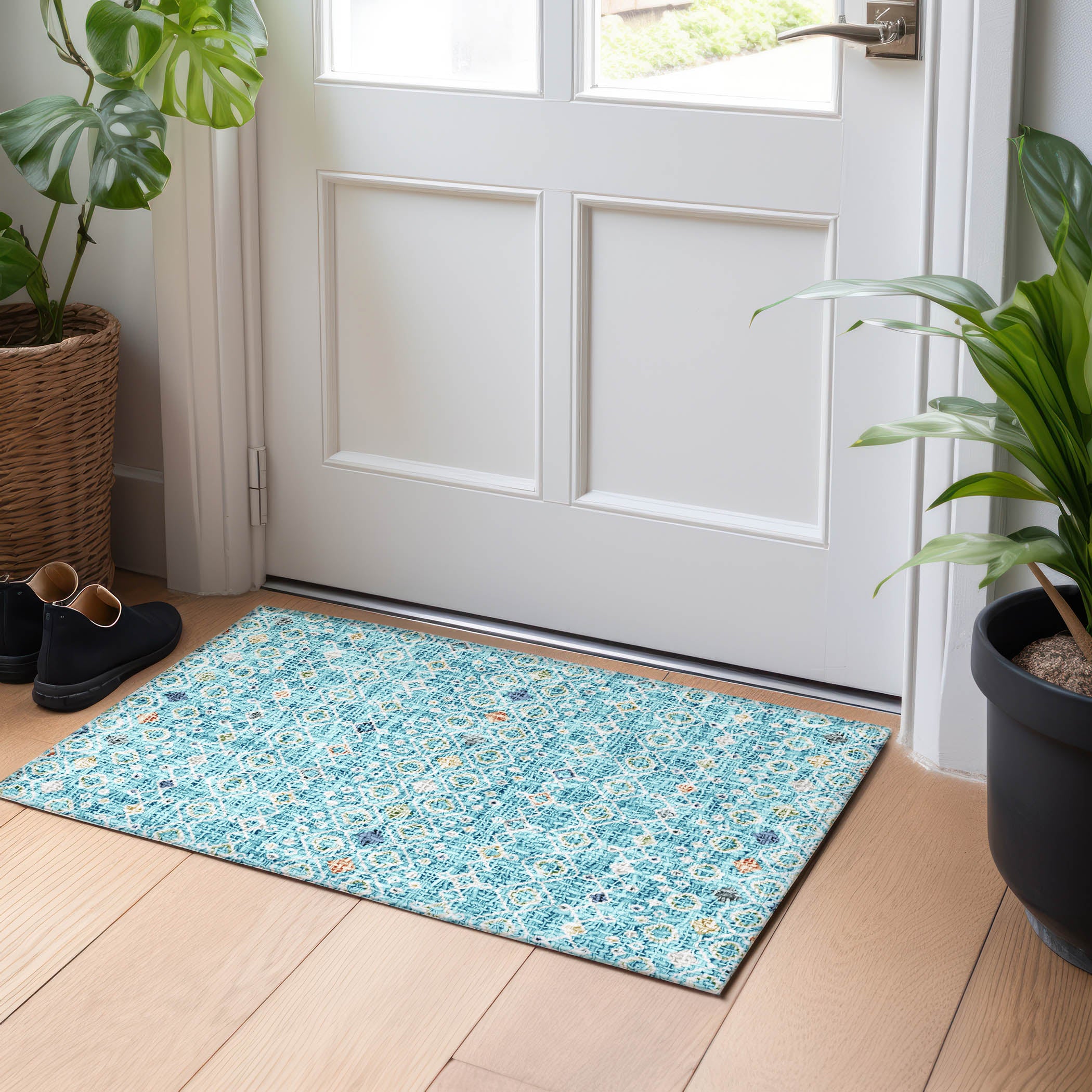 Luxury Washable Indoor/Outdoor Transitional PO4 Teal Rug 1'8" x 2'6" #shape_Rectangle