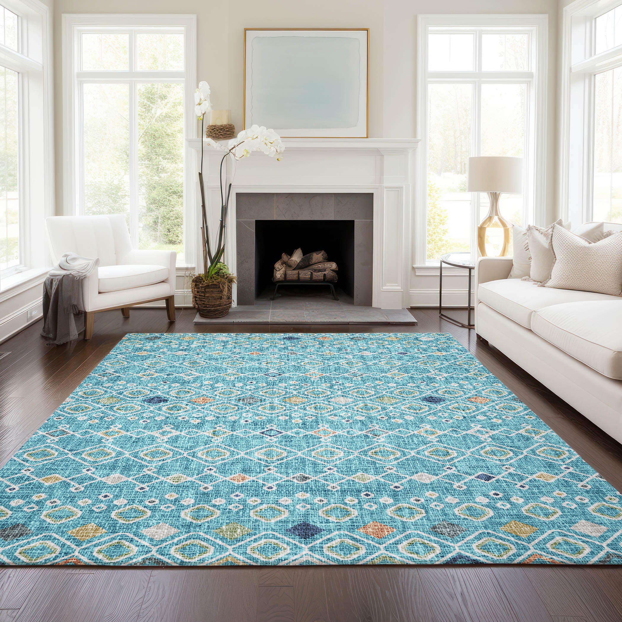 Luxury Washable Indoor/Outdoor Transitional PO4 Teal Rug 2'6" x 3'10" #shape_Rectangle