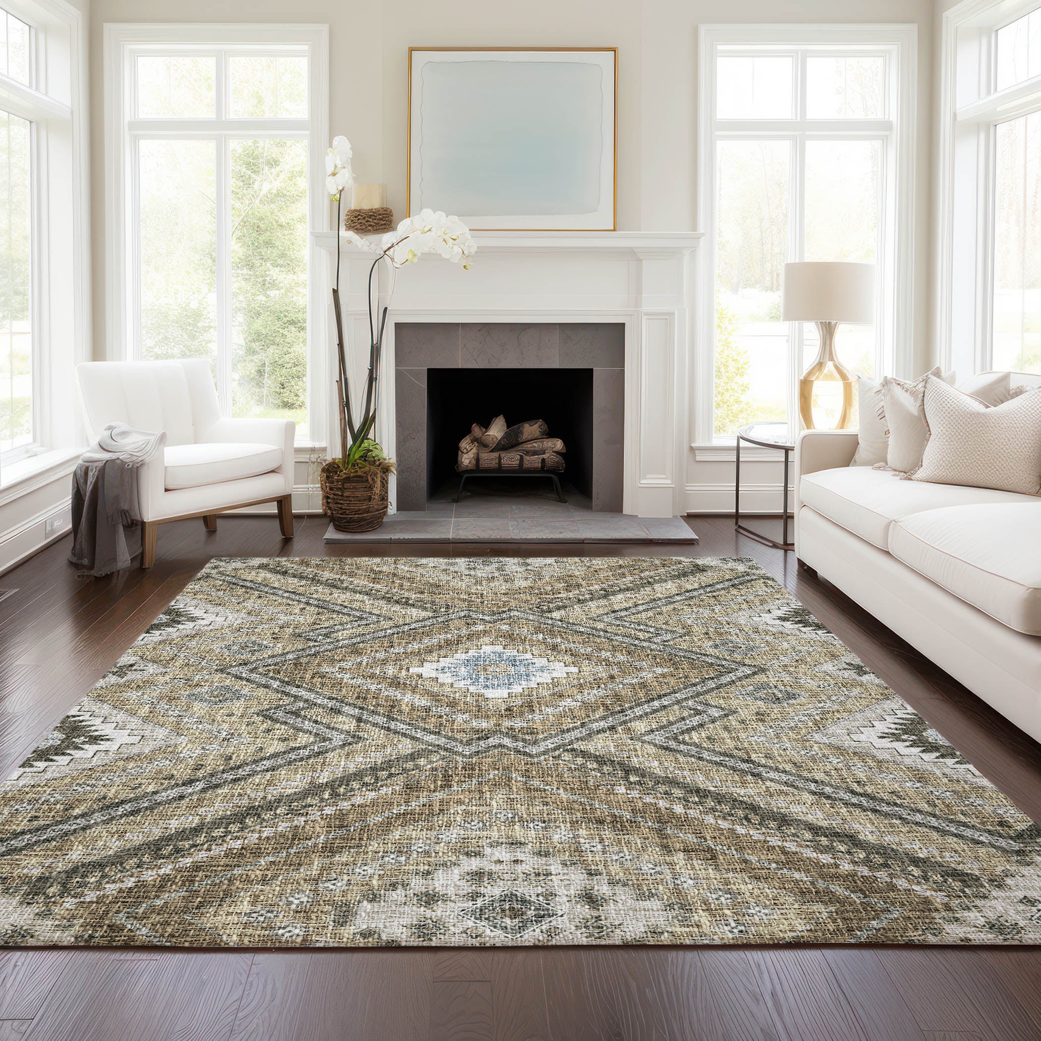 Luxury Washable Indoor/Outdoor Transitional PO5 Beige Brown Rug 2'6" x 3'10" #shape_Rectangle