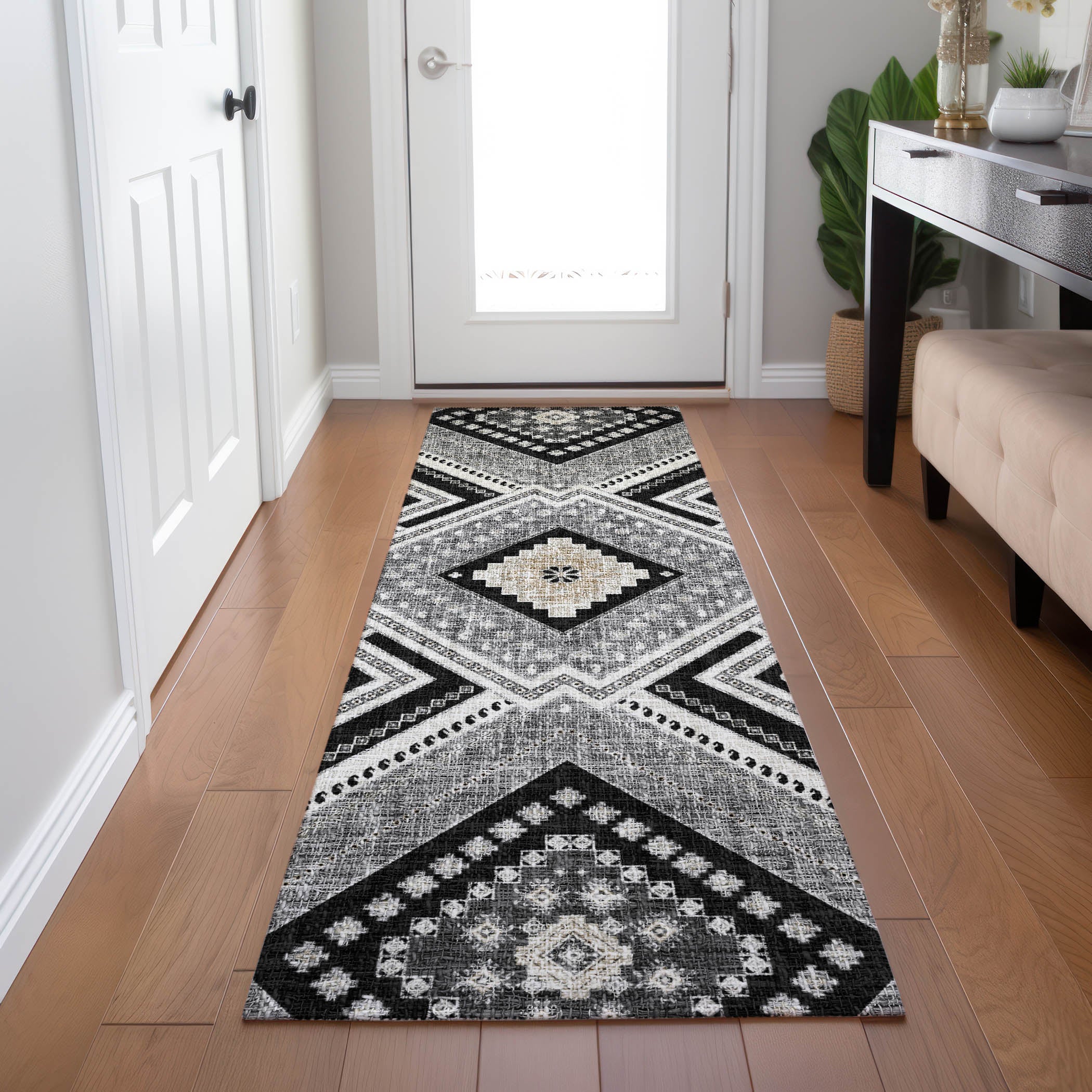 Luxury Washable Indoor/Outdoor Transitional PO5 Black Rug 2'3" x 7'6" #shape_Runner