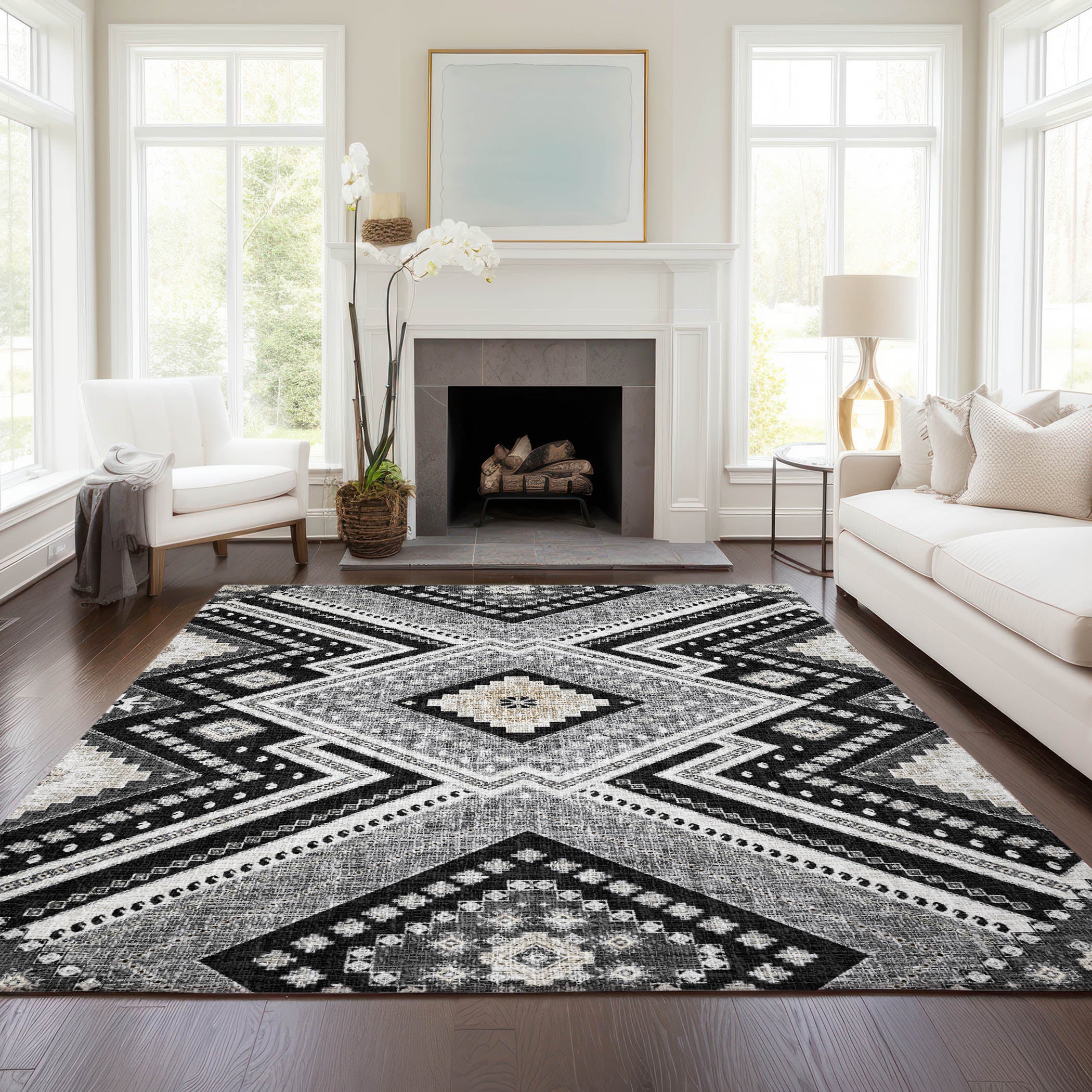 Luxury Washable Indoor/Outdoor Transitional PO5 Black Rug 2'6" x 3'10" #shape_Rectangle