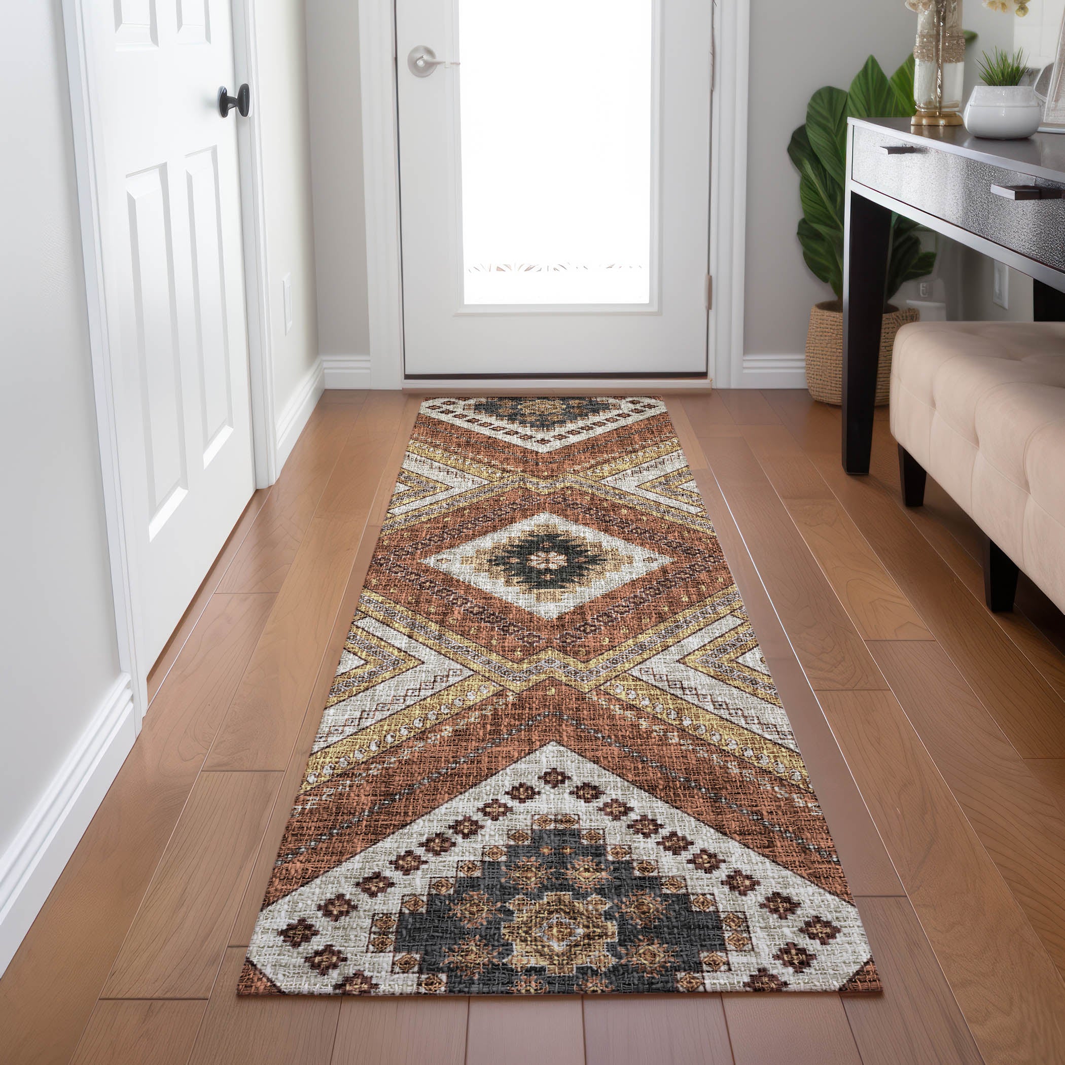 Luxury Washable Indoor/Outdoor Transitional PO5 Copper Orange Rug 2'3" x 7'6" #shape_Runner