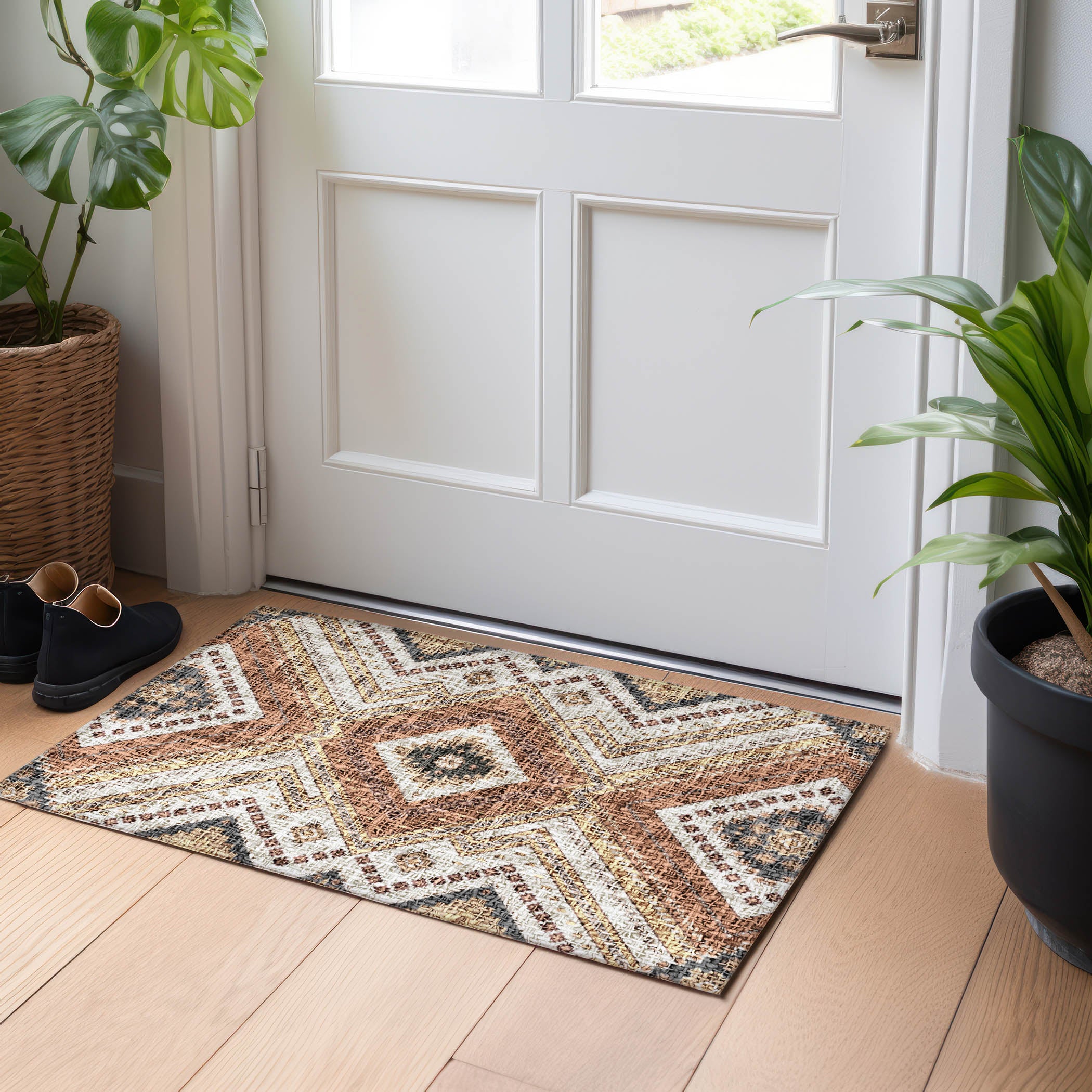 Luxury Washable Indoor/Outdoor Transitional PO5 Copper Orange Rug 1'8" x 2'6" #shape_Rectangle