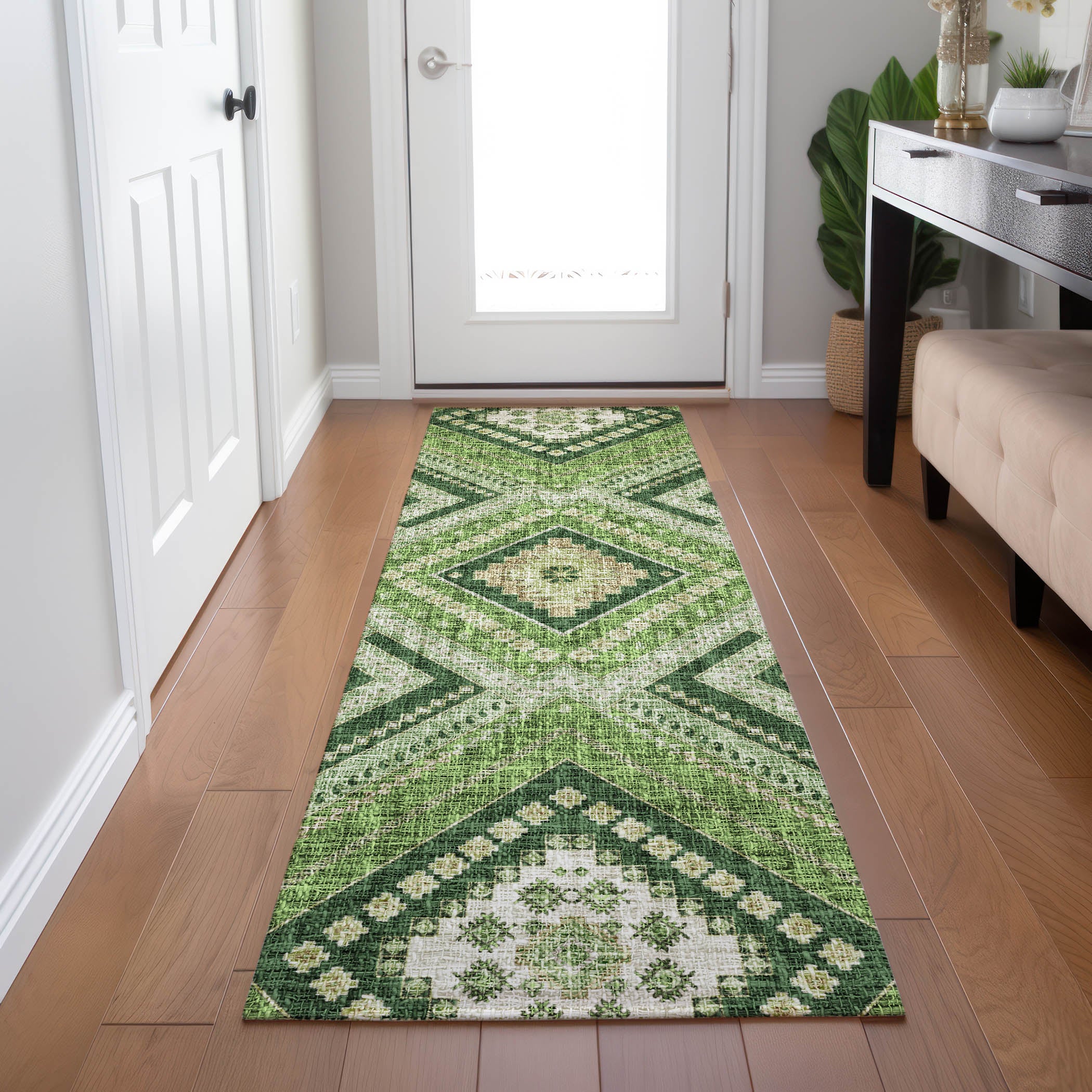 Luxury Washable Indoor/Outdoor Transitional PO5 Green Rug 2'3" x 7'6" #shape_Runner