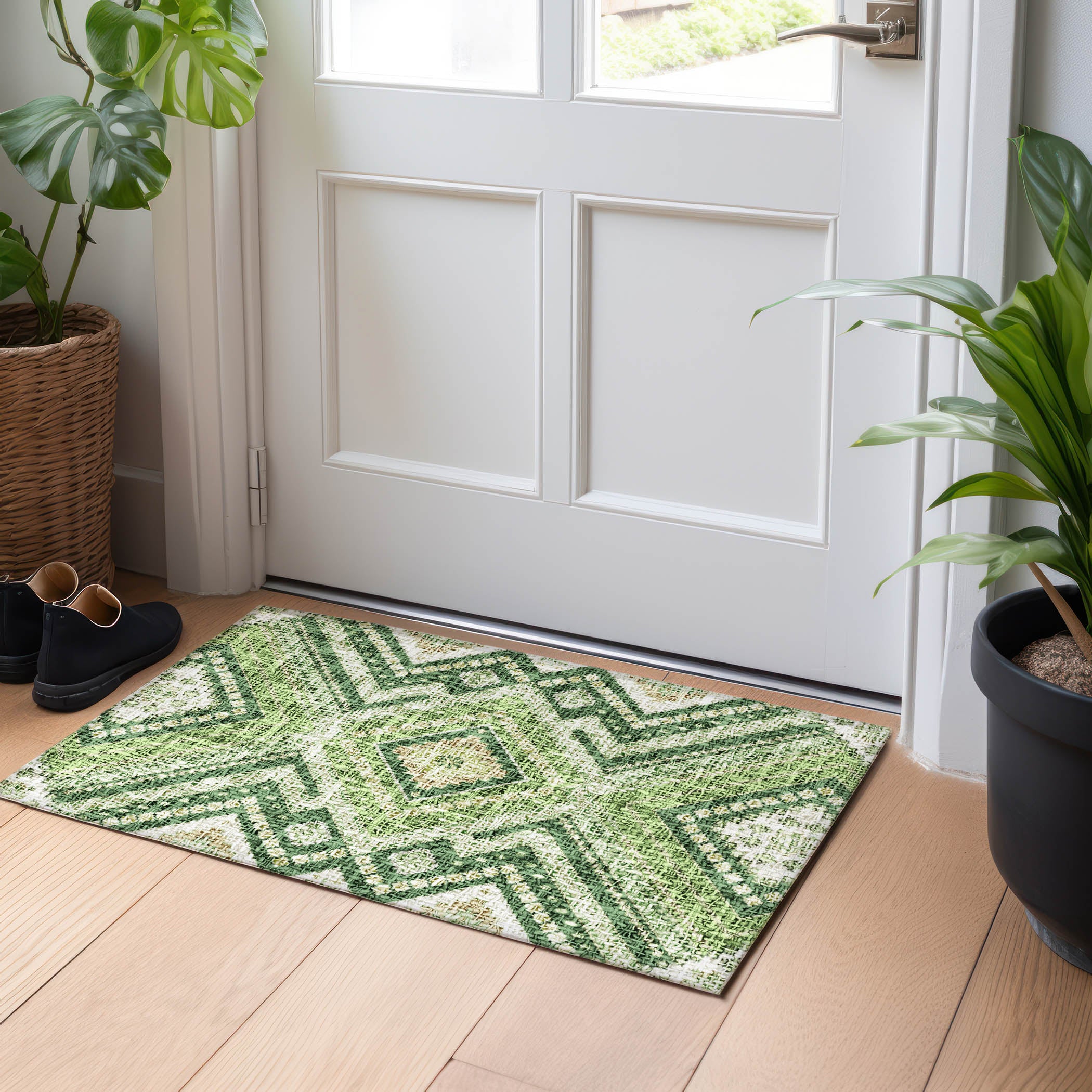 Luxury Washable Indoor/Outdoor Transitional PO5 Green Rug 1'8" x 2'6" #shape_Rectangle