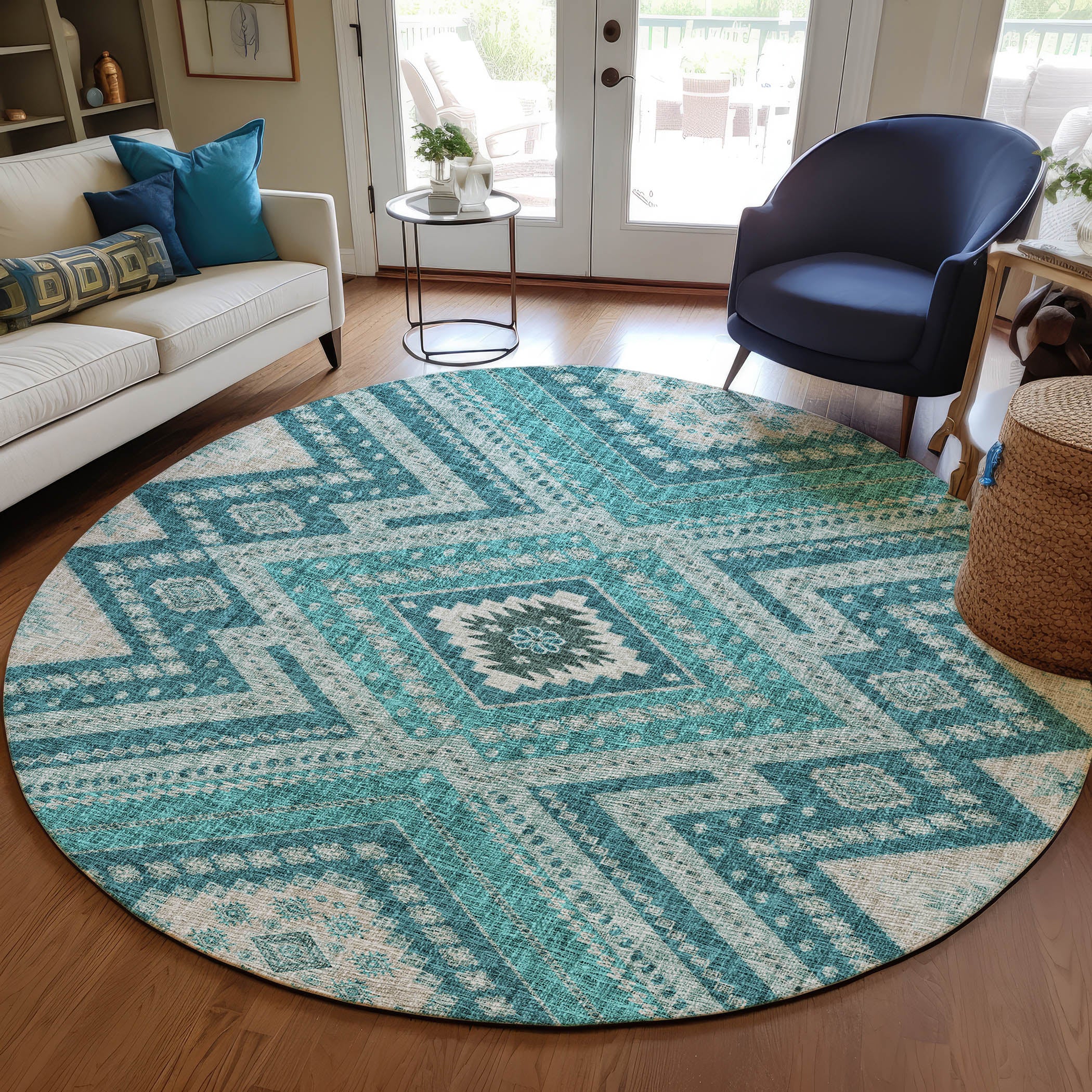 Luxury Washable Indoor/Outdoor Transitional PO5 Teal Rug 8' x 8' #shape_Rectangle