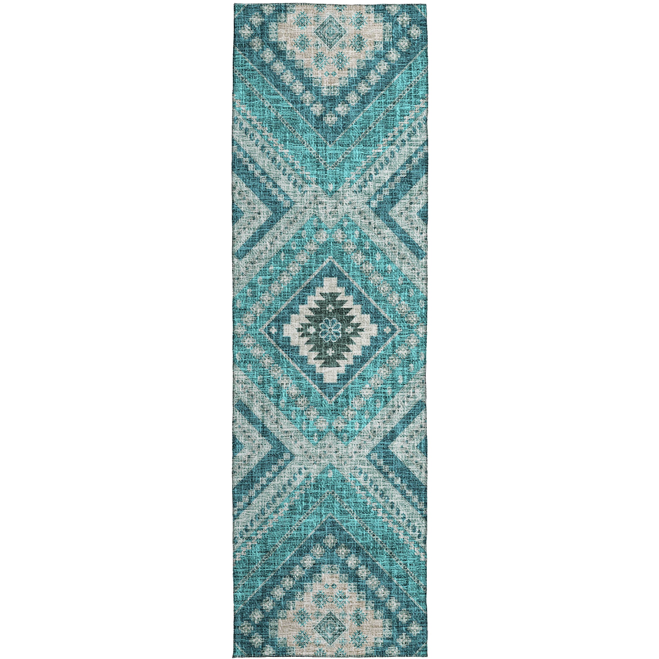 Luxury Washable Indoor/Outdoor Transitional PO5 Teal Rug 2'3" x 7'6" #shape_Runner