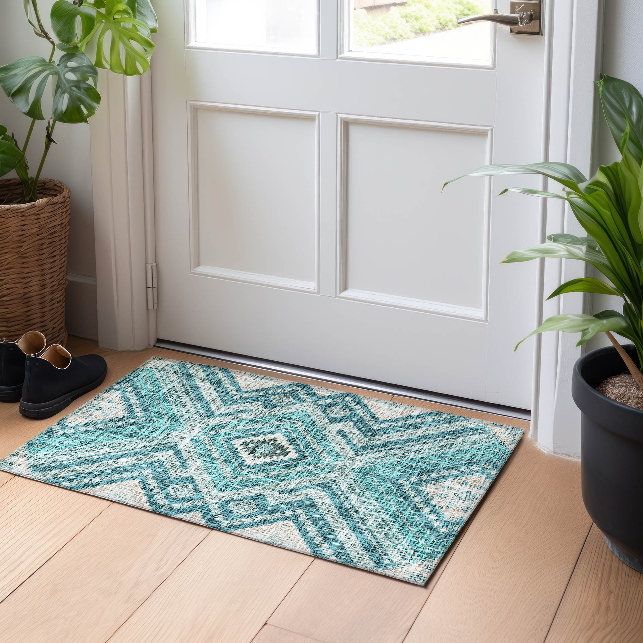Luxury Washable Indoor/Outdoor Transitional PO5 Teal Rug 1'8" x 2'6" #shape_Rectangle