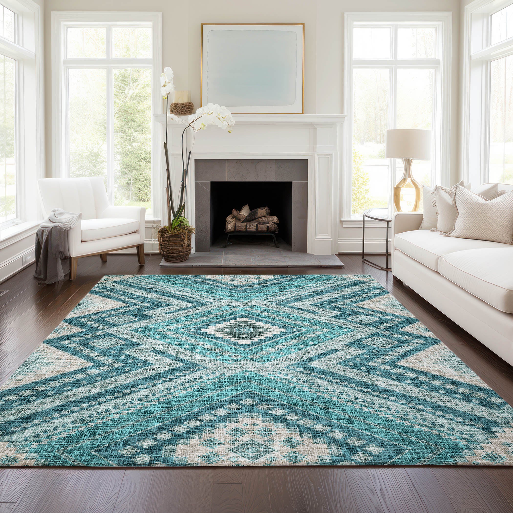 Luxury Washable Indoor/Outdoor Transitional PO5 Teal Rug 2'6" x 3'10" #shape_Rectangle