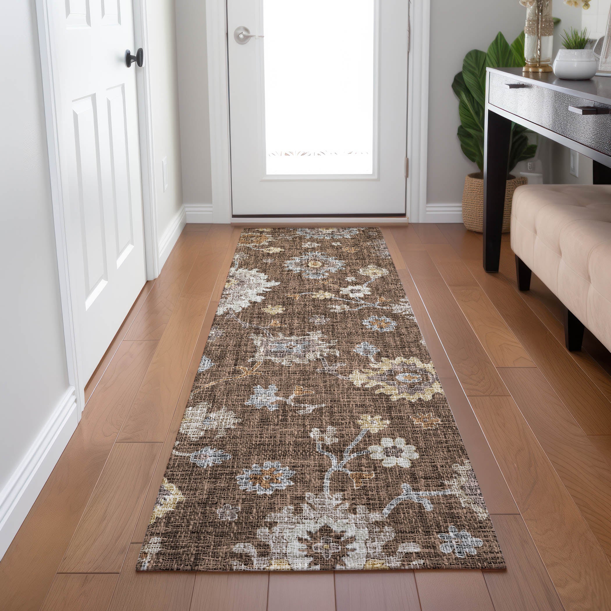 Luxury Washable Indoor/Outdoor Transitional PO6 Chocolate Brown Rug 2'3" x 7'6" #shape_Runner