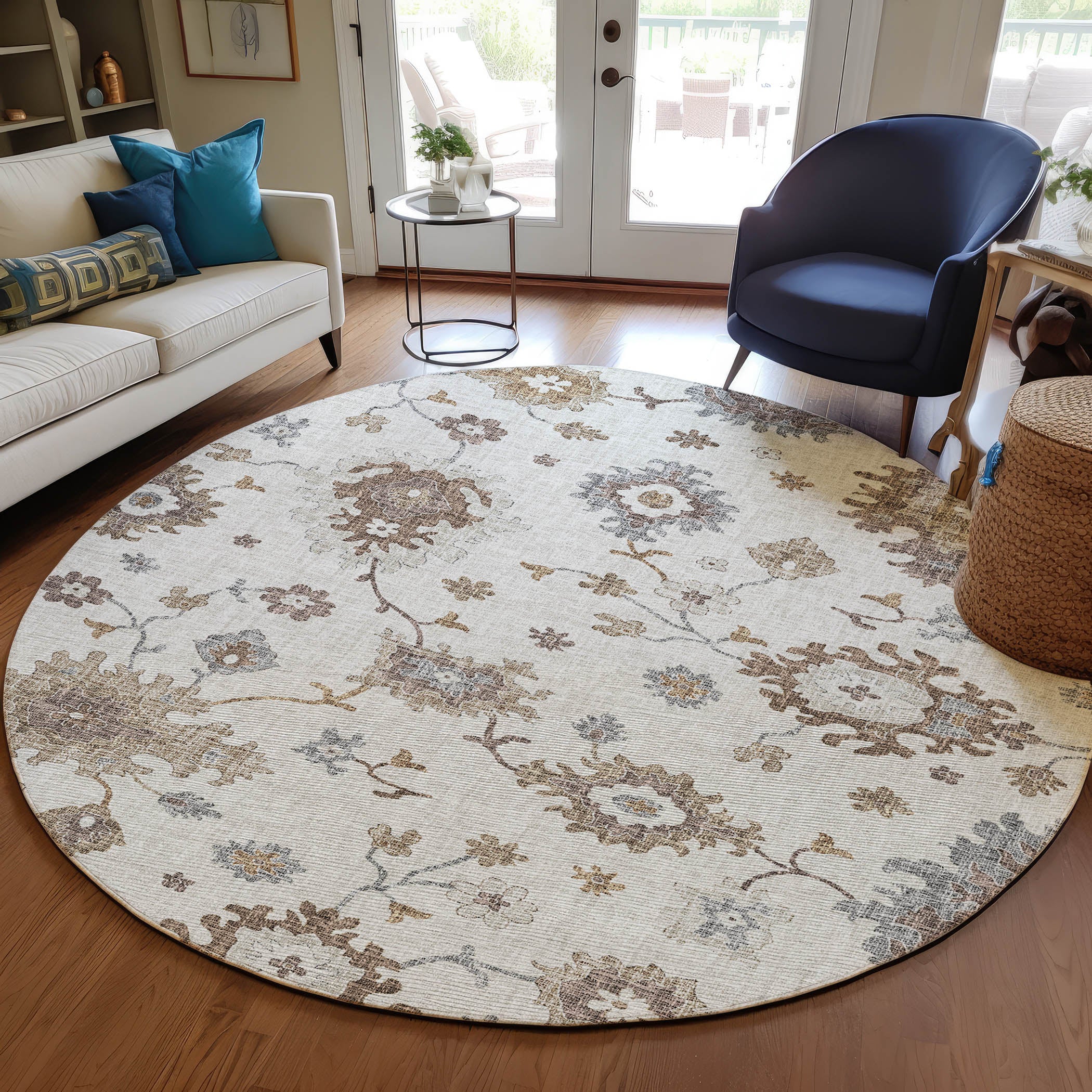 Luxury Washable Indoor/Outdoor Transitional PO6 Ivory Rug 8' x 8' #shape_Rectangle