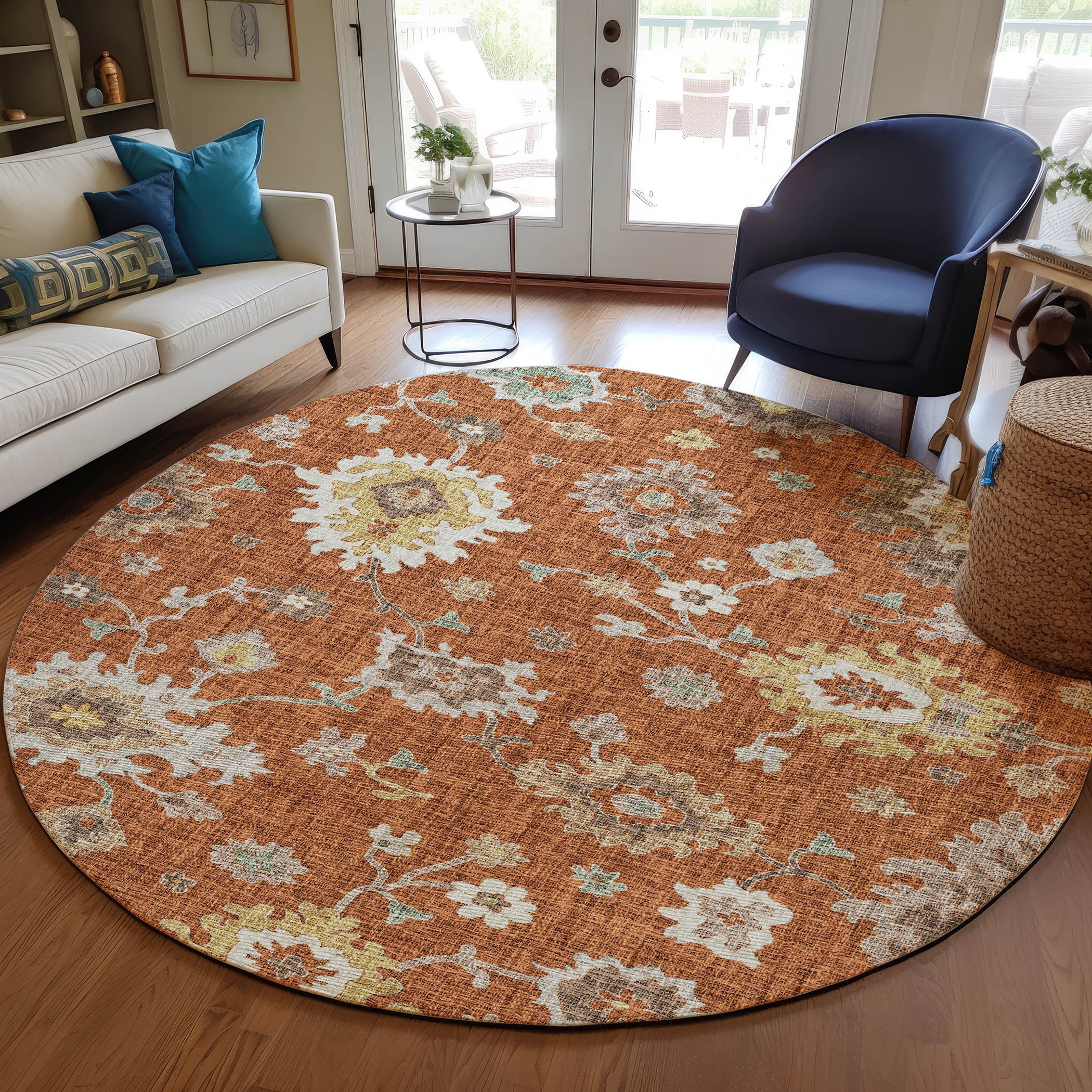 Luxury Washable Indoor/Outdoor Transitional PO6 Paprika Orange Rug 8' x 8' #shape_Rectangle