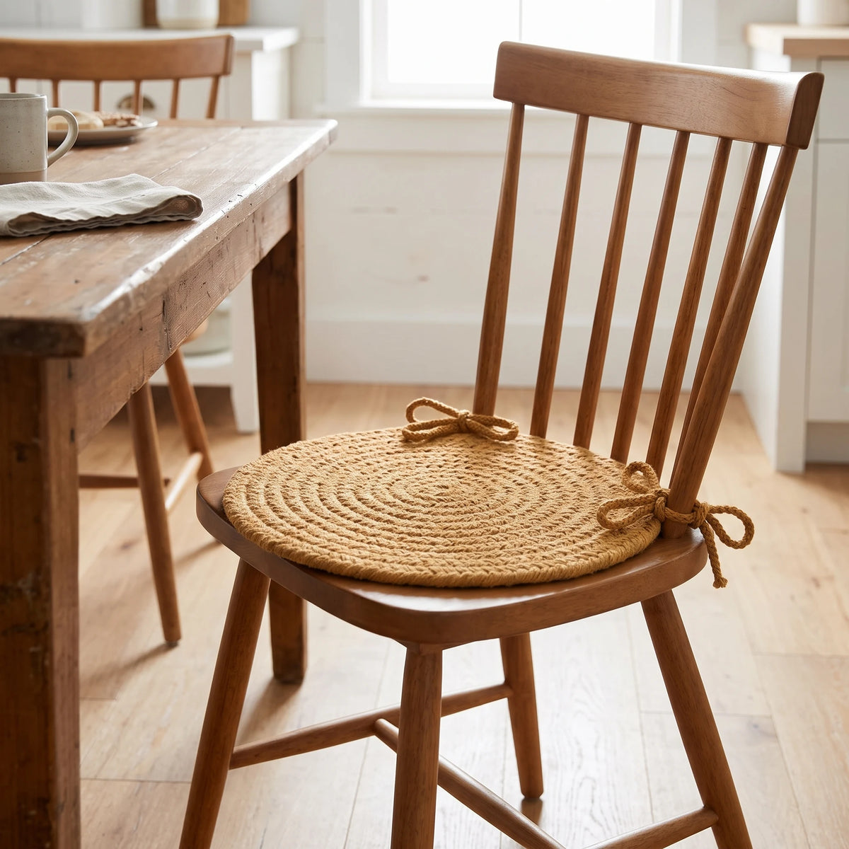 Pura Braided Chair Pad - Vintage Gold - tied on a wooden Windsor dining chair