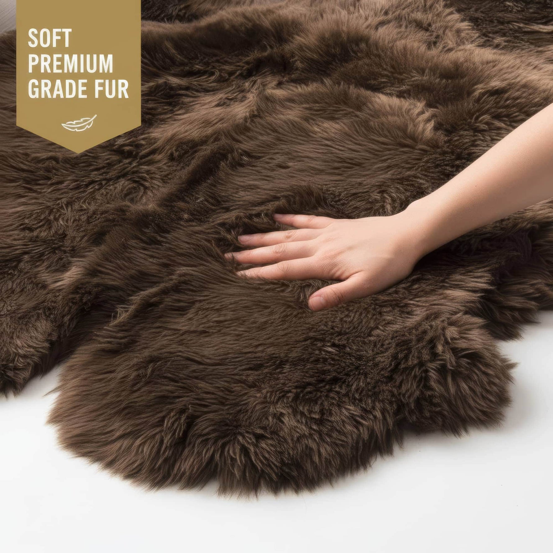 Brown fur rug with a hand touching it, labeled 'Soft Premium Grade Fur'.