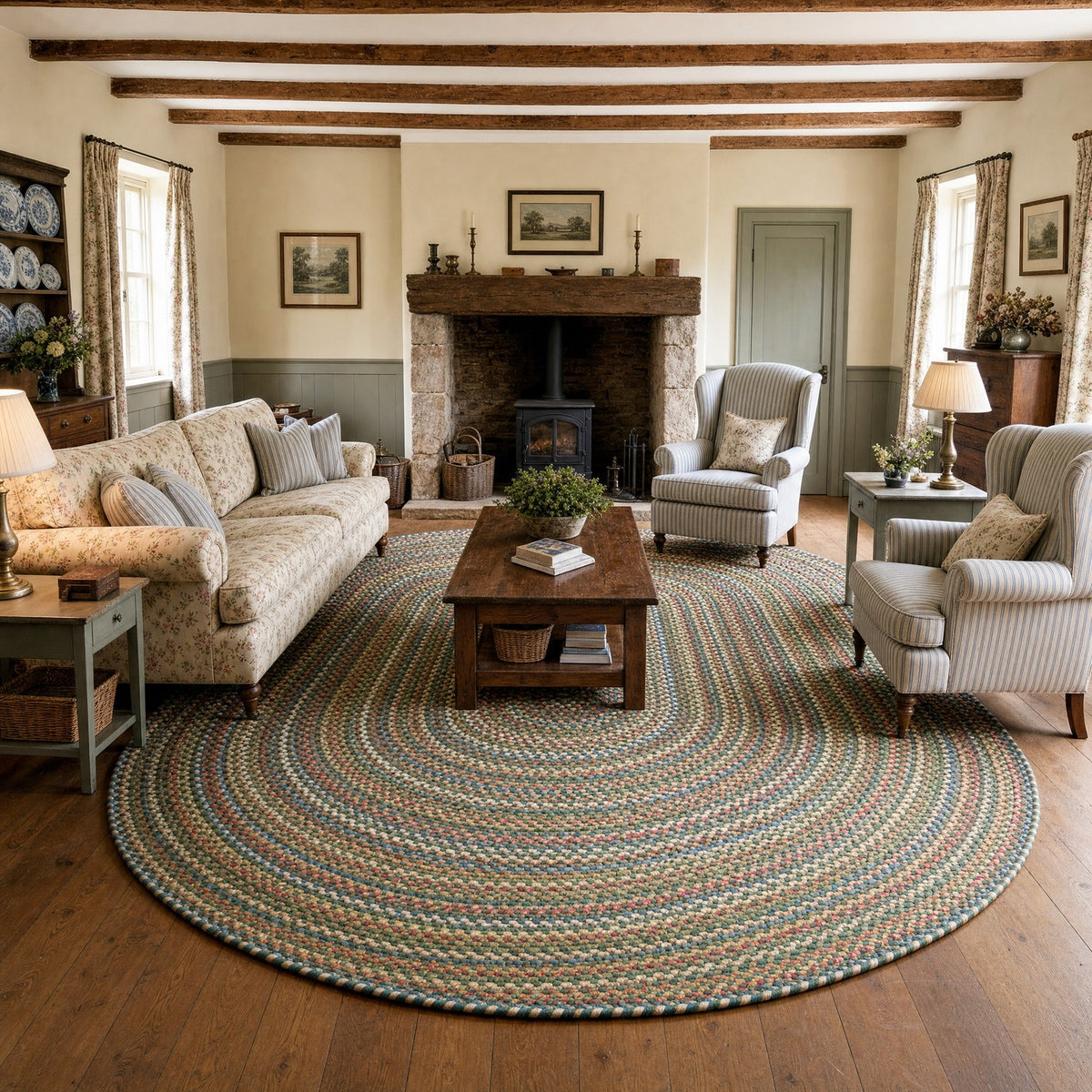 Roxbury Spruce Green braided rug, 10x13 oval in a large English country cottage sitting room #Size_10' x 13' Oval